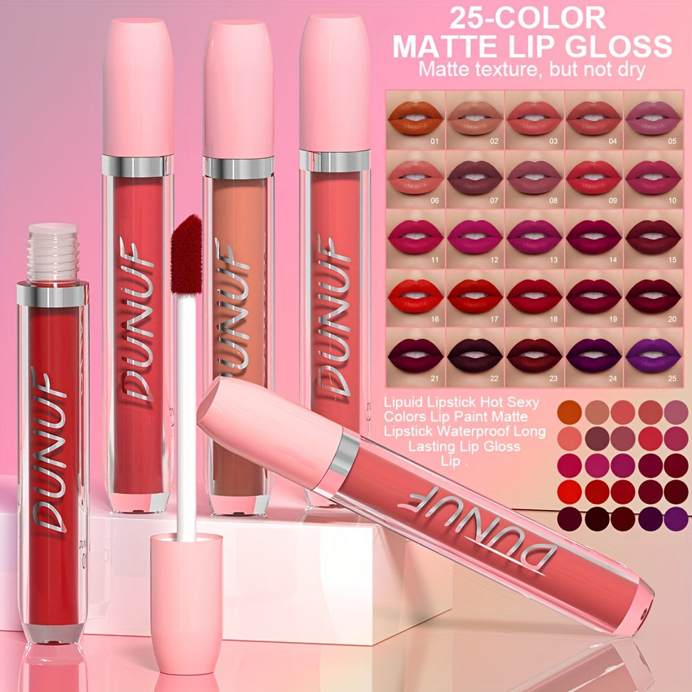 DUNUF 25pcs Matte Lipstick Set, Water-Resistant, Long-Lasting, Non-Fade, Non-Stick Cup, All Skin Types, Adult, Red & Mixed Tones, Matte Finish