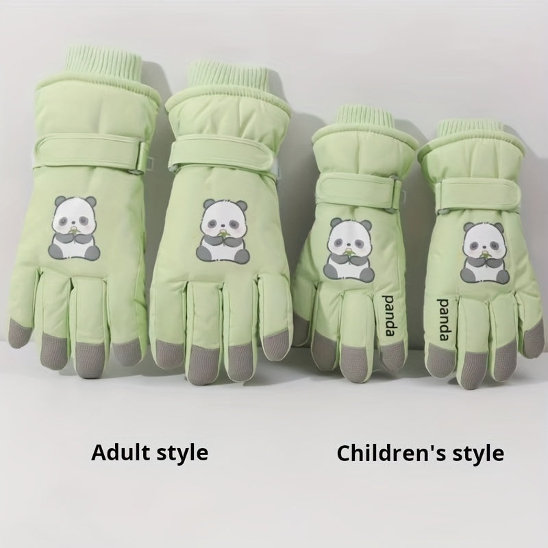 1 Pair Women'S Winter Ski Gloves, Cute Panda Design, Touchscreen Compatible, Polyester Thermal Lining, Velvet Palm, Magic Tape Closure, Hand Washable, Weather-Resistant