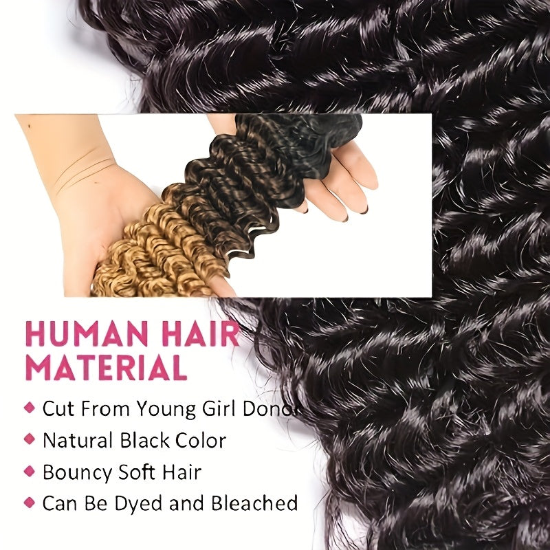 Human Hair Deep Wave Human Hair Bundles With 4*4 Lace Closure, 100% Unprocessed Brazilian Virgin 4x4 HD Lace Closure 180 Density With Deep Wave Hair Bundles, Natural Black Modern Fashion For Black Women