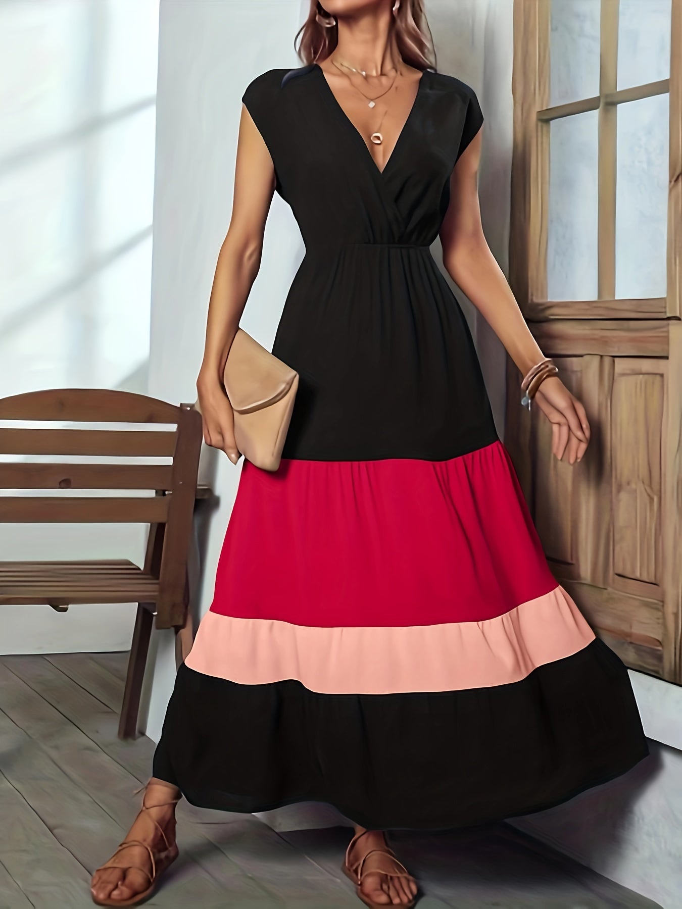 Vibrant Color Block Surplice Neck Maxi Dress - Elegant Sleeveless A-Line Silhouette, Micro Elasticity, Polyester Fabric, Solid Color, Summer Essential - Womens Elegant Clothing for Special Occasions