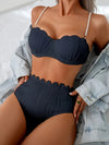 Elegant Off-Shoulder Two-Piece Bikini Set for Women - High-Waist, Backless, Stretchy Swimsuit with Ruched Detail, Dark Blue, Perfect for Poolside & Beach Wear, Beach Swimsuit|Ruched Detail Swimsuit|Stretchy Fabric