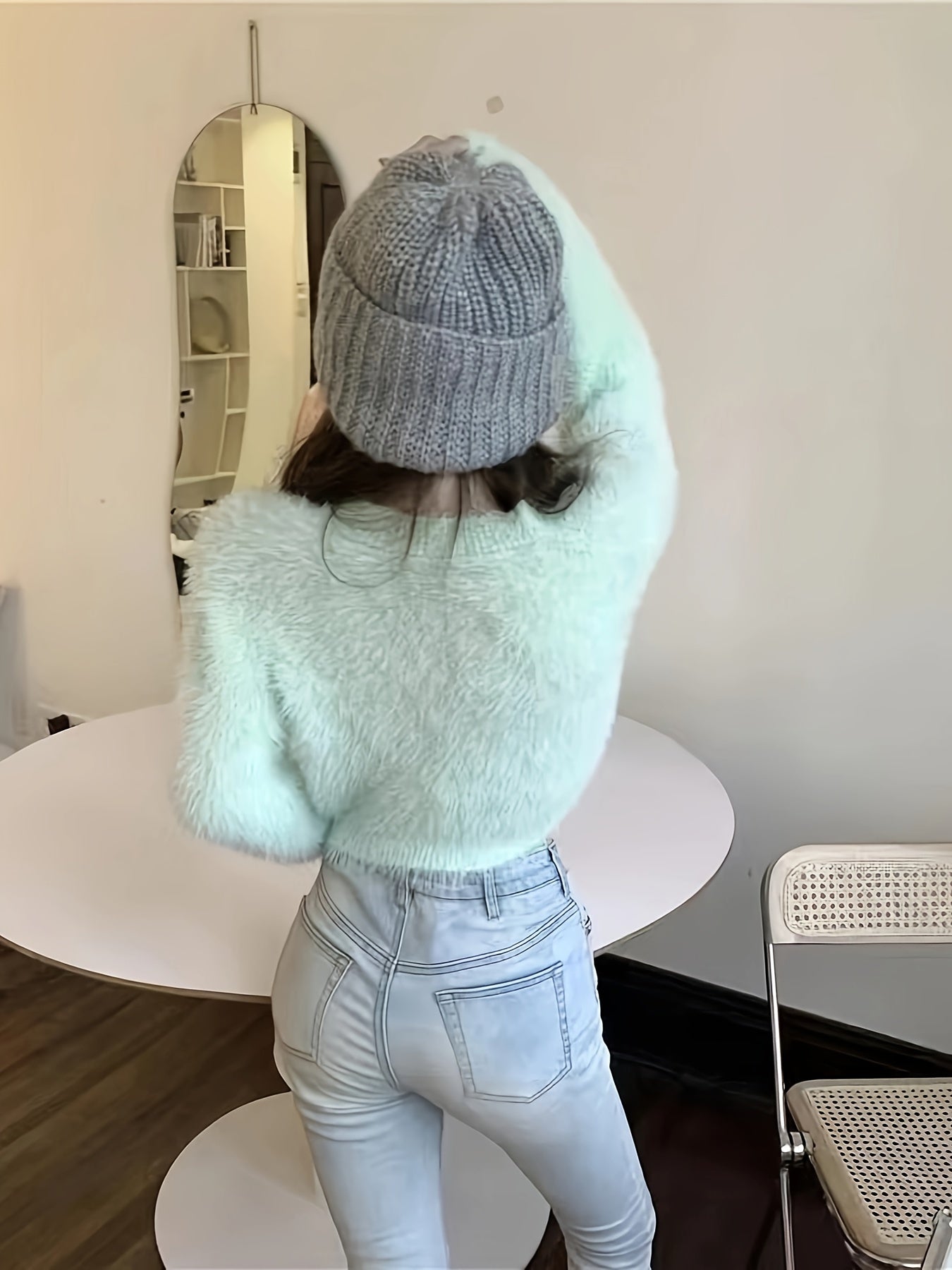 Faux Fur Crew Neck Sweater, Elegant Long Sleeve Sweater For Fall & Winter, Women's Clothing