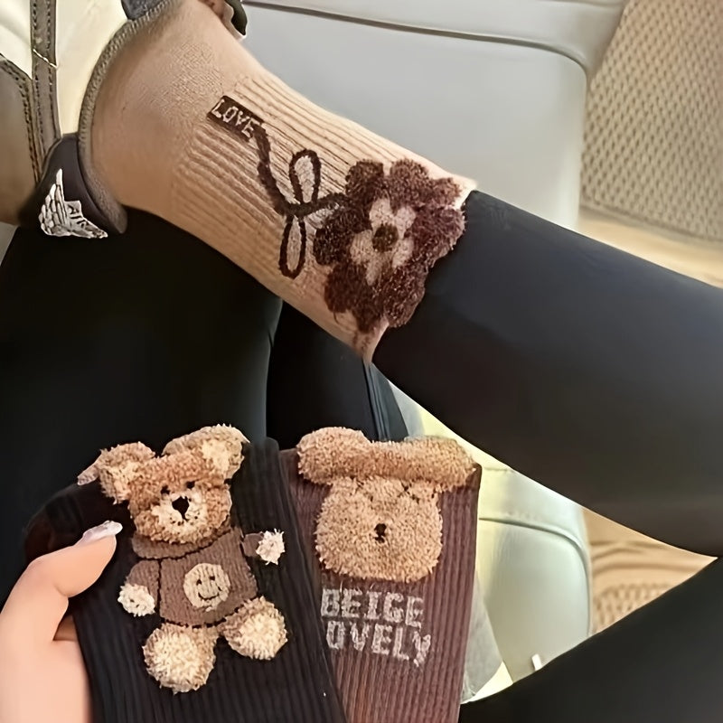 3 Pairs Of Cartoon Bear Print Socks, Comfortable And Cute Mid-calf Socks, Women's Stockings And Socks