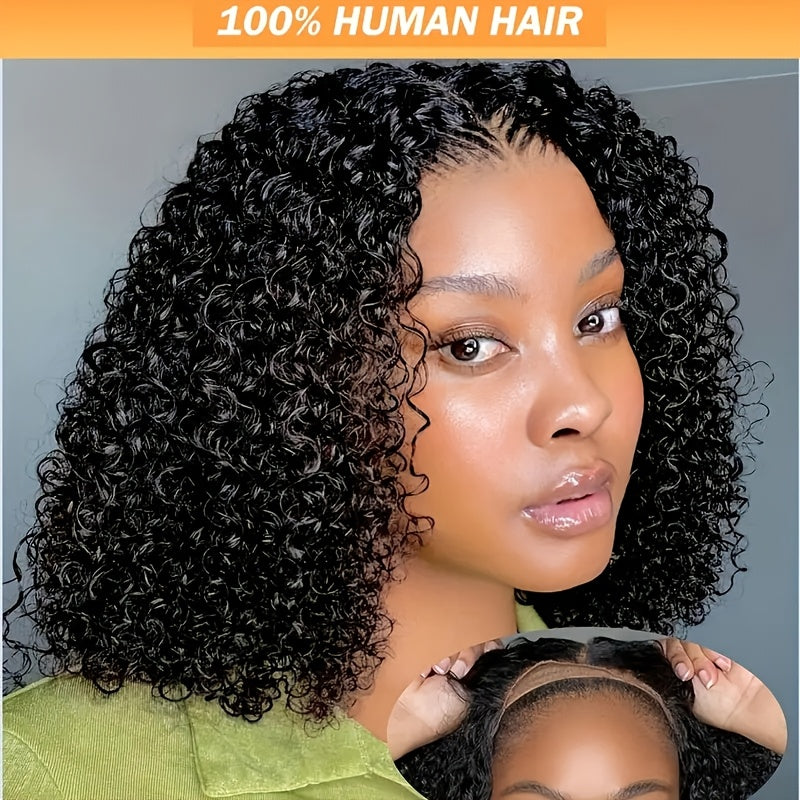4x4 Put On And Go Glueless Bob Wig Human Hair Curly For Women Kinky Curly Lace Front Wig Human Hair Pre Plucked Pre Cut Lace Ready To Wear 180% Density Natural Black