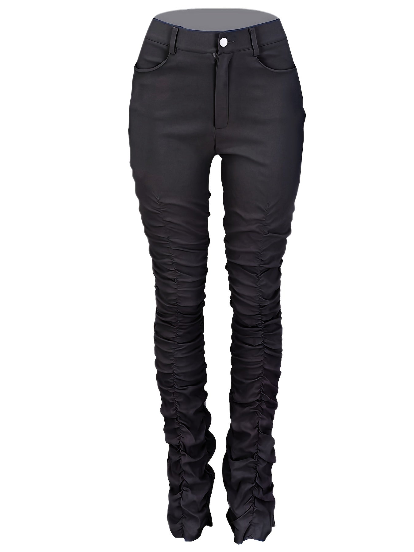 Solid High Waist Long Length Pants, Casual Stretchy Pleated All Seasons Pants, Women's Clothing