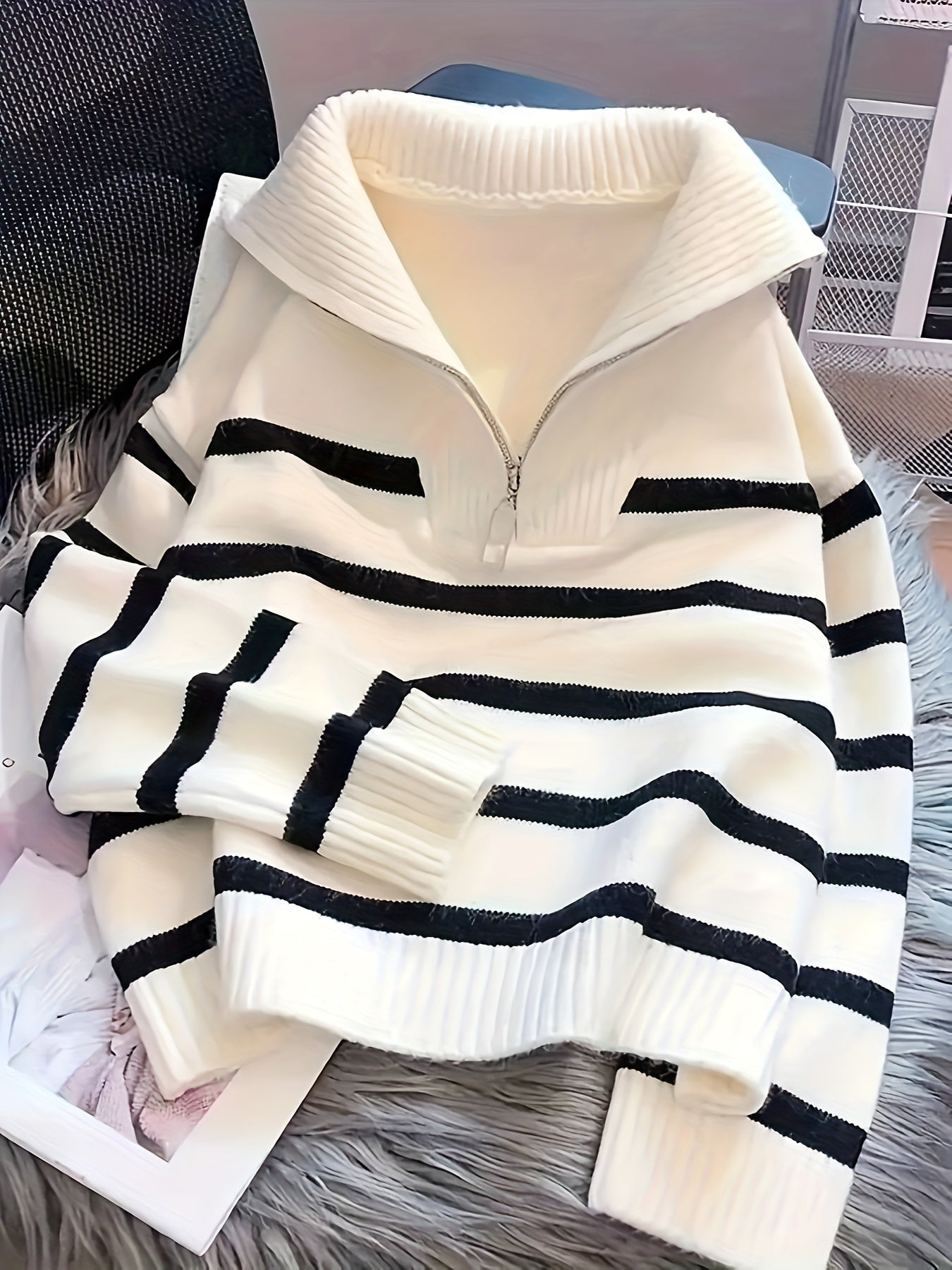 Long Sleeve Black & White Striped Polyester Knit Hooded Sweater - Women's Casual Zip-Up Pullover with Ribbed Detail, Perfect for All Seasons