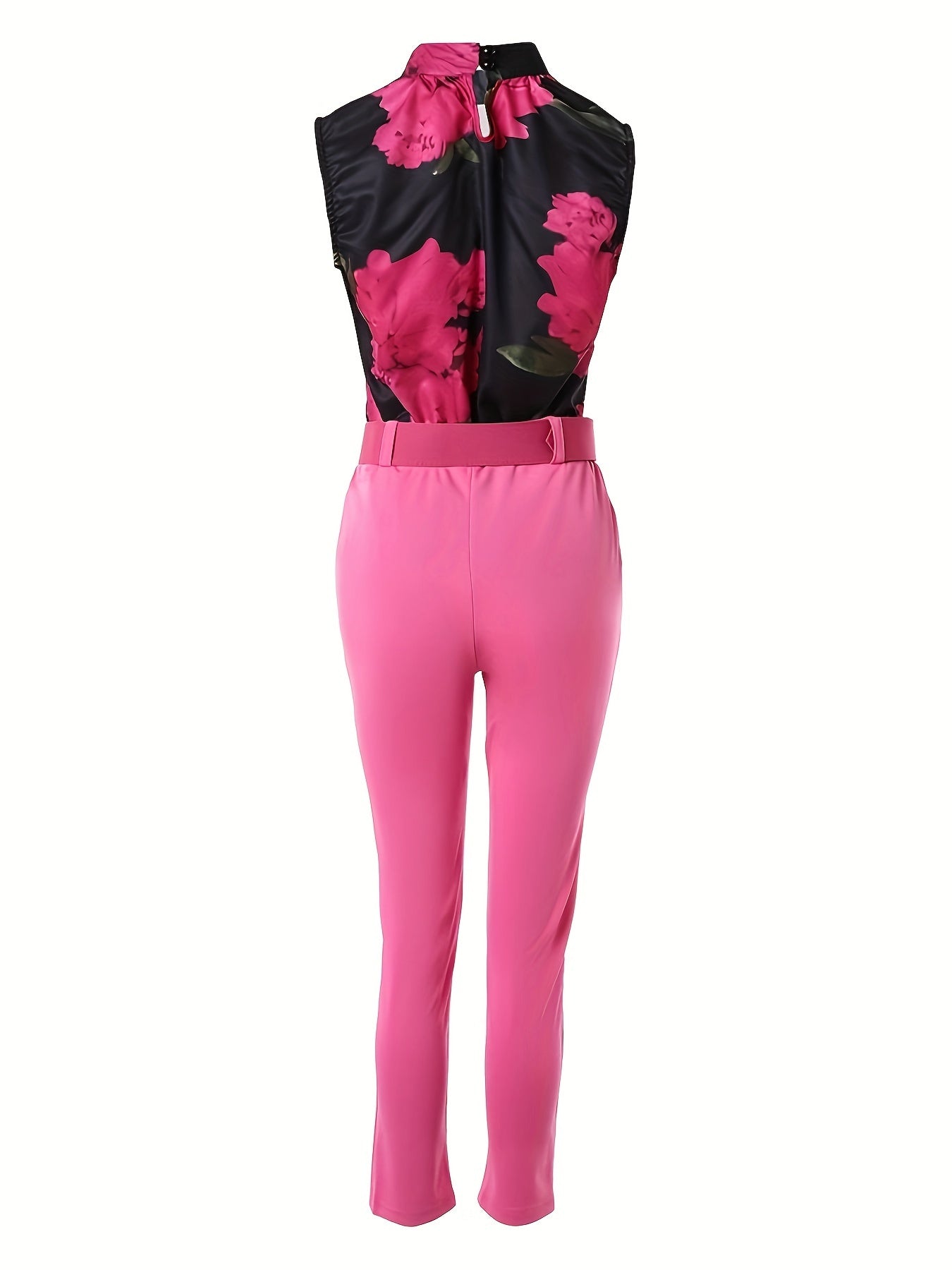 Polyester Blouse And Pants Set, Elegant Floral Print, High Neckline, Machine Washable - Spring/Summer Casual Outfit - For Women - Perfect for Parties, Work, or Daily Wear - Ideal Gift for Her