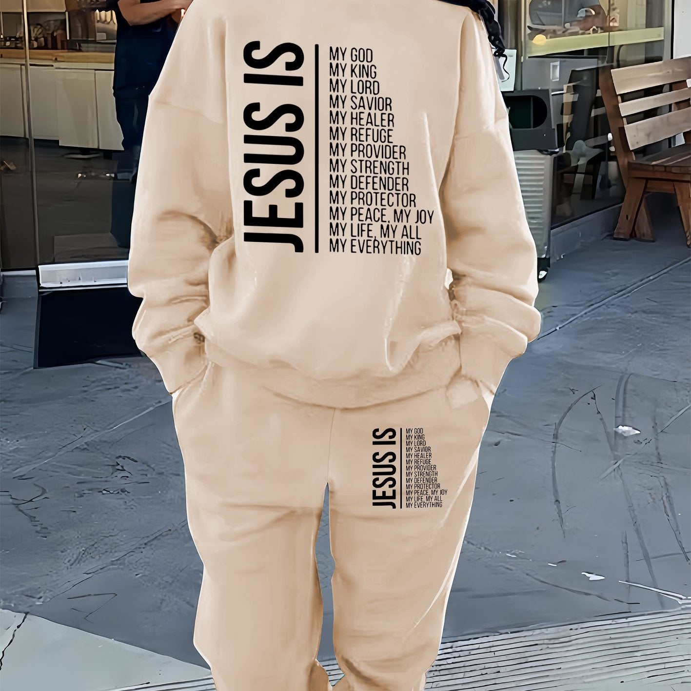 Cozy Fleece-Lined Women's Casual Letter Print Sweatshirt & Joggers Set - Machine Washable, All-Season Comfort