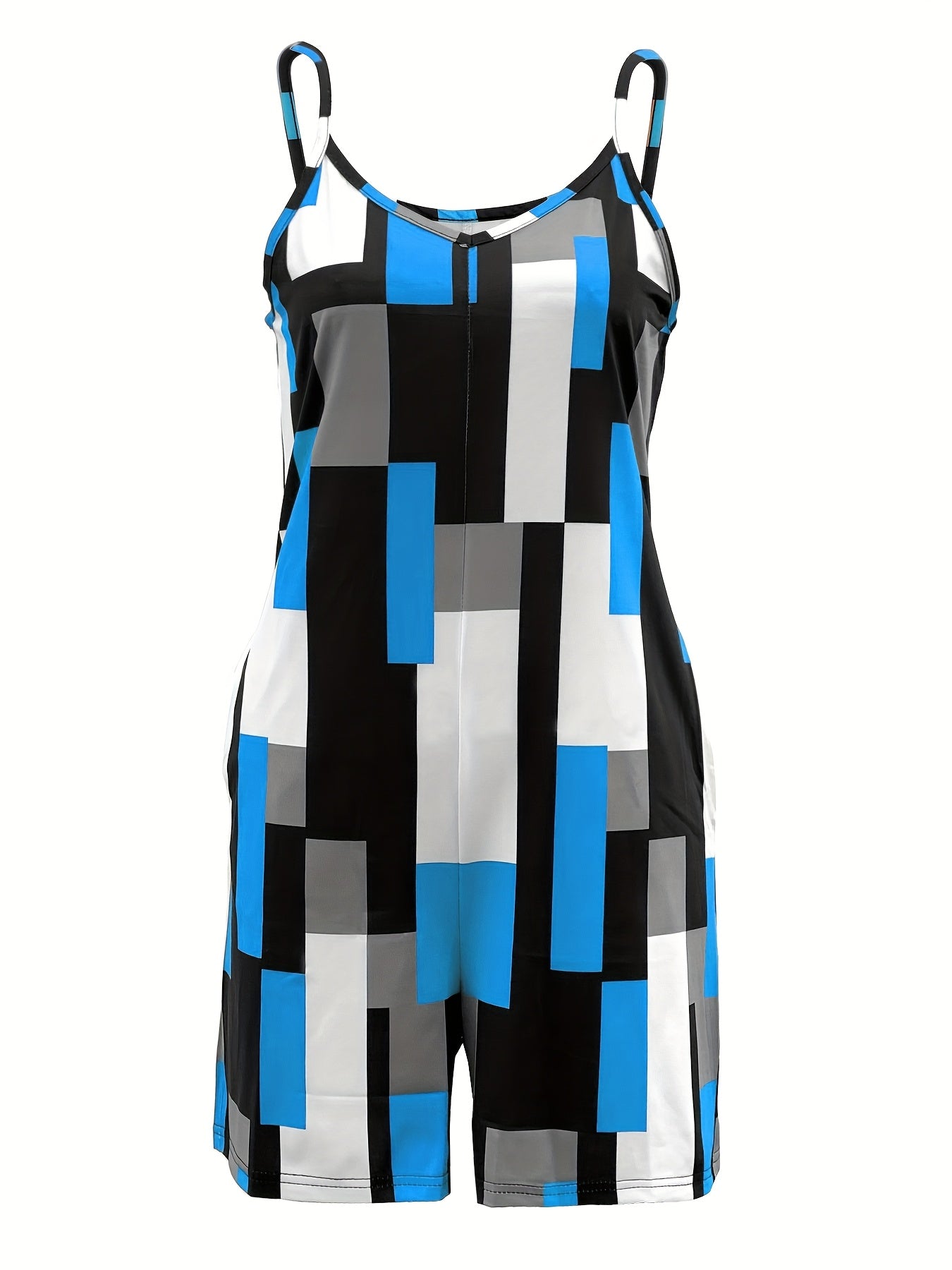 Women's Summer V-Neck Color Block Print Romper with Pockets - Stylish Sleeveless Jumpsuit in Orange, Black, White & Gray, Casual Knit Polyester Blend, Machine Washable, Stylish Leisurewear | Pocketed Outfit | Casual Elegance