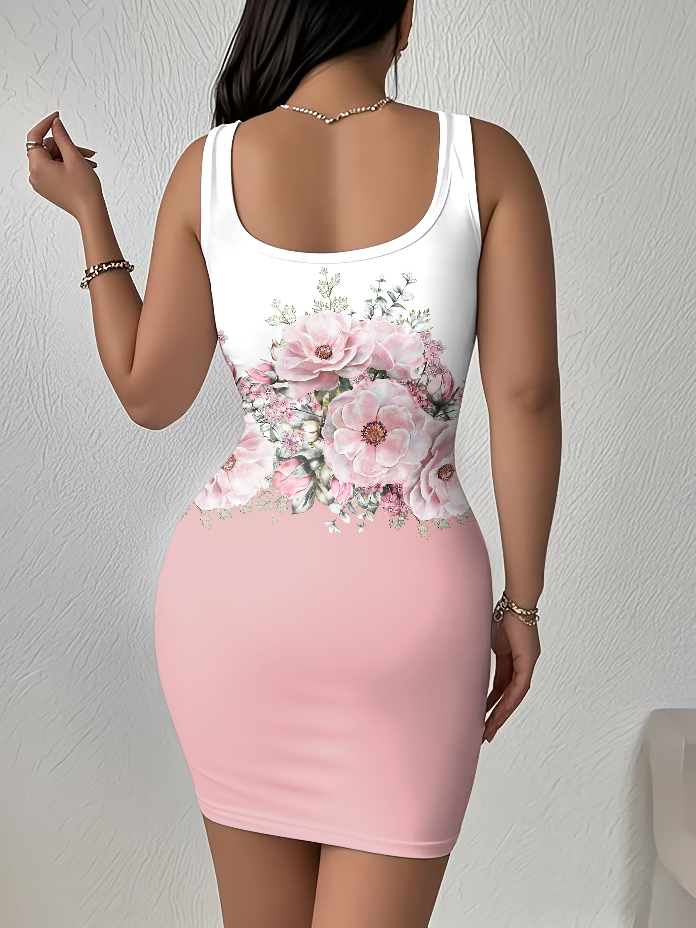Women's Floral Print Sleeveless Bodycon Dress, Polyester Knit Fabric with Elastane, Crew Neck, Casual Style for Spring/Summer