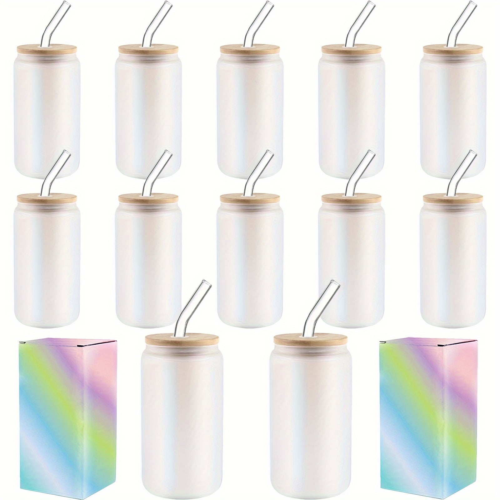 12pack 12-Piece Clear Glass Cups with Bamboo Lids, Straws, Brushes, and Gift Box