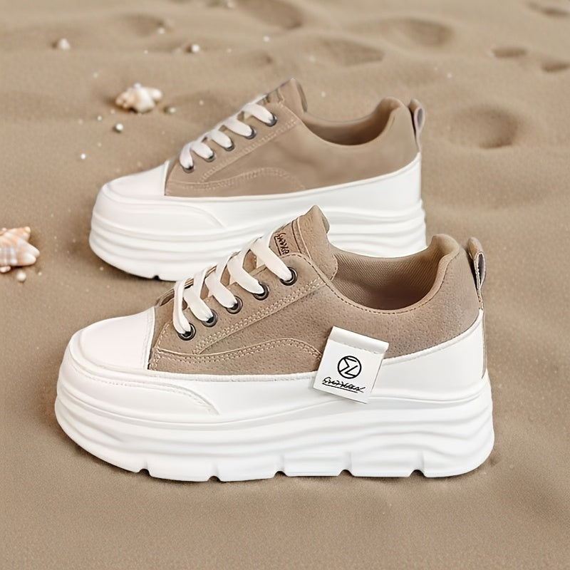 Women's Casual Low-Top Running Shoes - Versatile White & Brown Design, Lace-Up, Comfortable EVA Insole, Durable PVC Sole, Perfect for Casual Attire, Students, and Office Use, Student Sneakers | Modern Sneakers | Synthetic Cov