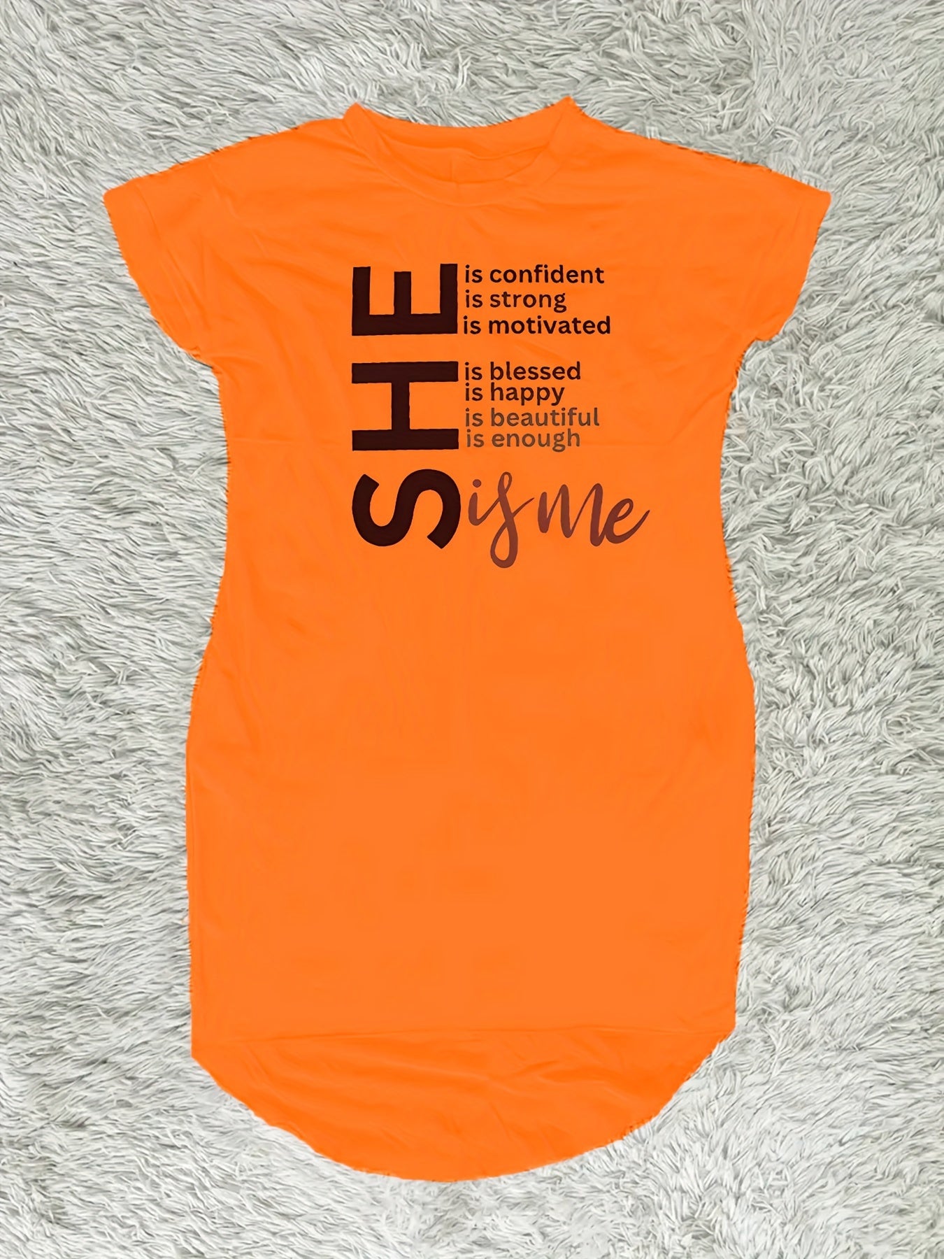 Women's Casual Fitted Dress with Pocket - Vibrant Orange Empowering "She Is Confident" Letter Print, Short Front & Long Back Asymmetrical Hem, Machine Washable All-Season Wear, Motivational Clothing | Asymmetrical Dress | Com