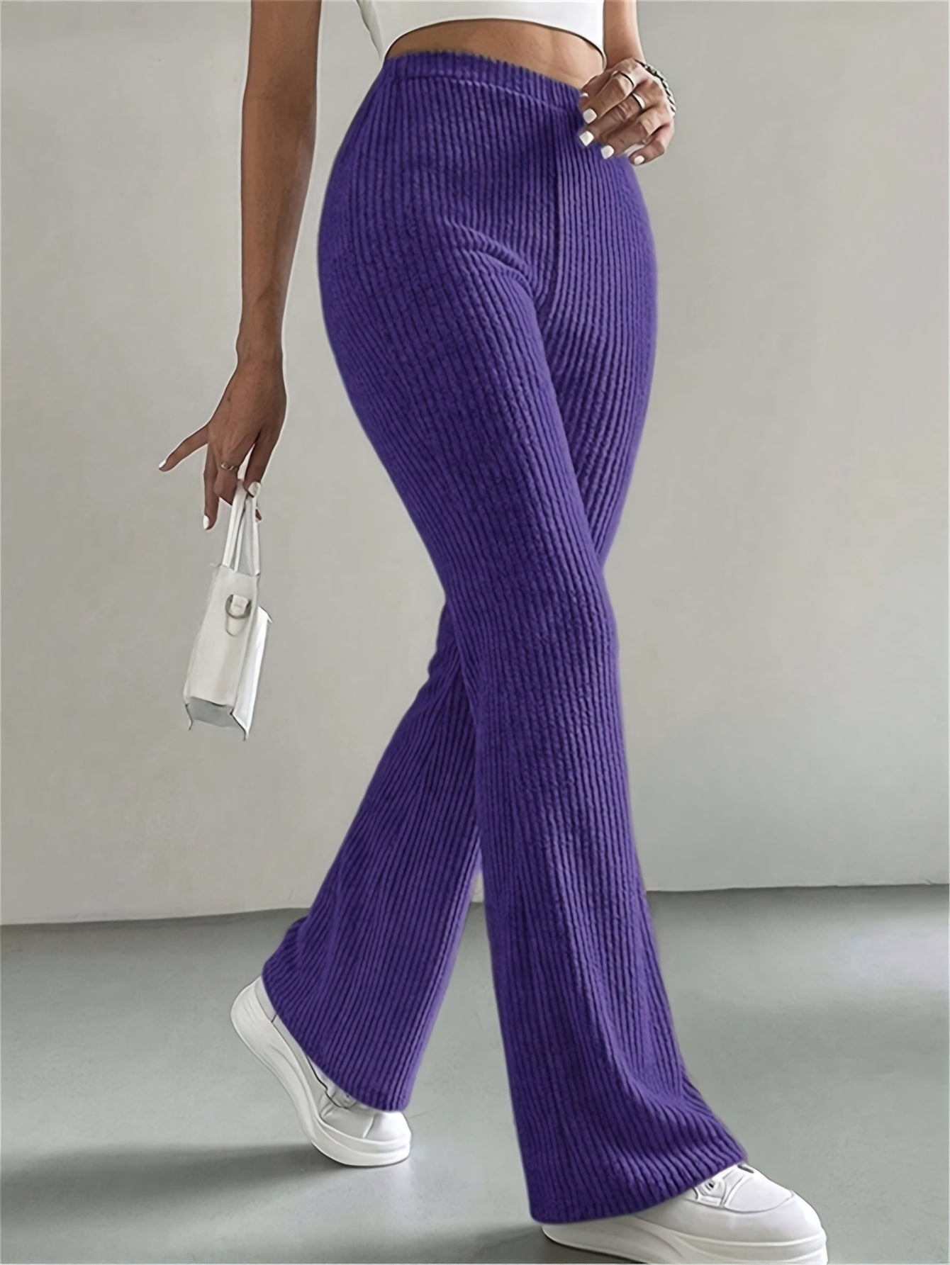 High-Waisted Flare Pants, Elegant Solid Women's Trousers