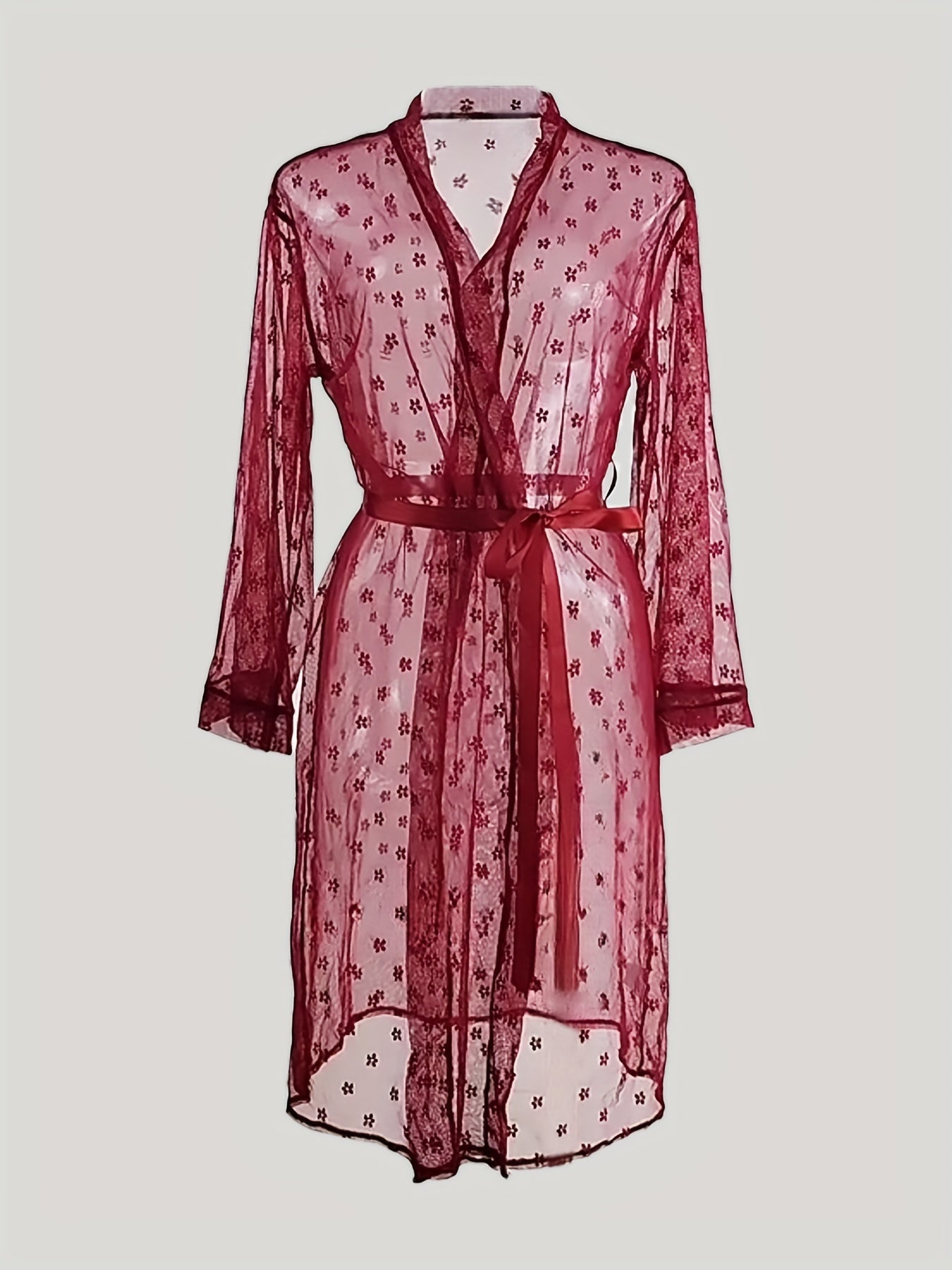 4pcs Romantic Pajama Set - Floral Polka Dots Deep V 3/4 Sleeve Bow Knot Split Soft Stretchy Long Loose Ultra Thin Gauze Nightgown With Belt & Hollow Lace Mesh Bra & Panties - Perfect For A Romantic Evening