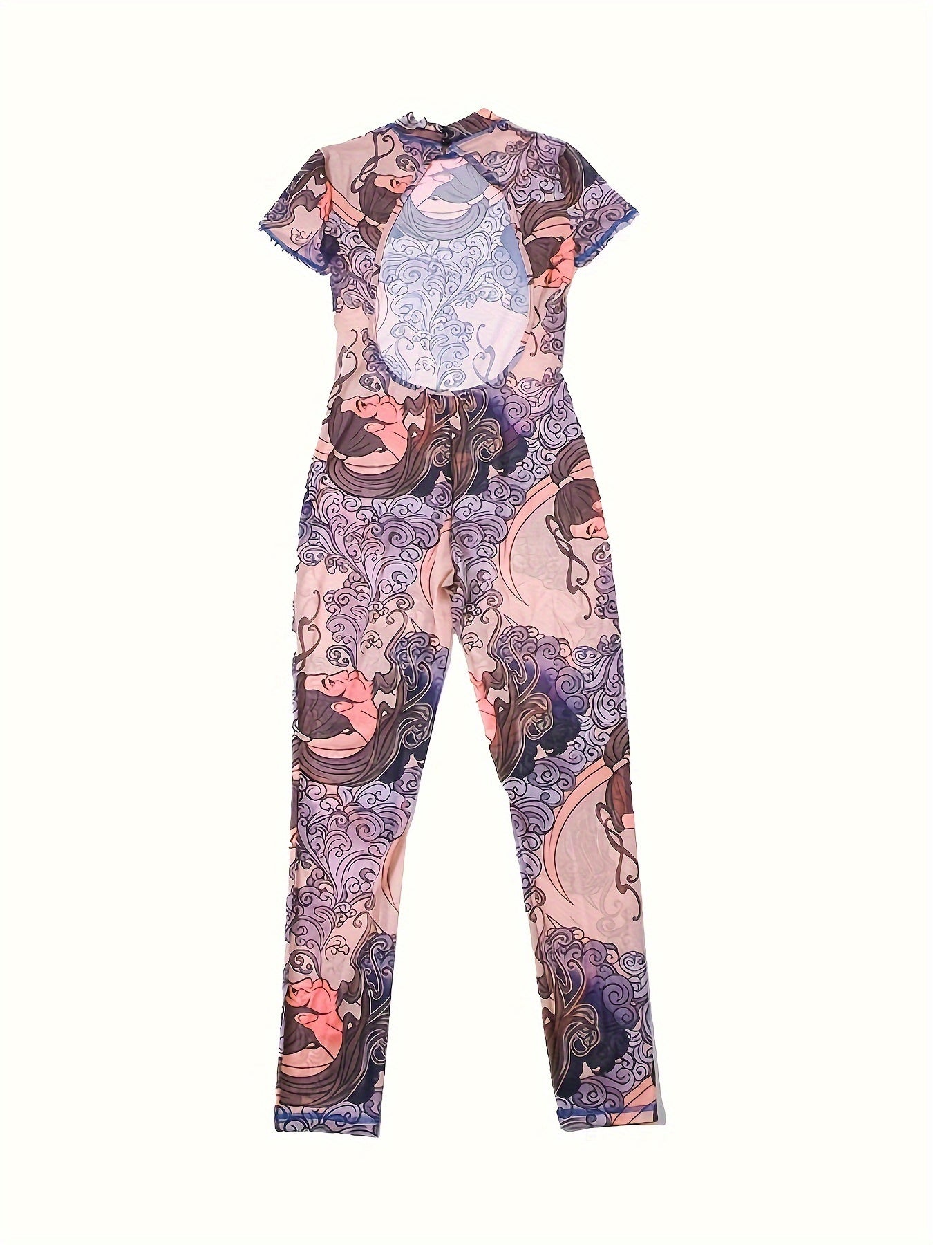 Allover Print Mock Neck Mesh Jumpsuit, Sexy Cutout Back Short Sleeve Skinny Jumpsuit For Summer, Women's Clothing