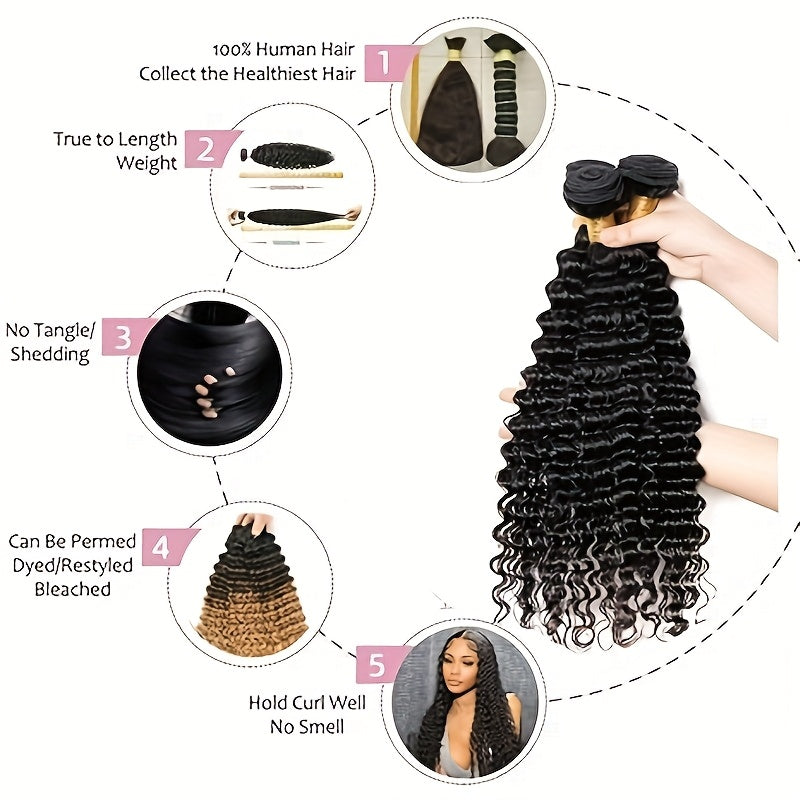 Human Hair Deep Wave Human Hair Bundles With 4*4 Lace Closure, 100% Unprocessed Brazilian Virgin 4x4 HD Lace Closure 180 Density With Deep Wave Hair Bundles, Natural Black Modern Fashion For Black Women
