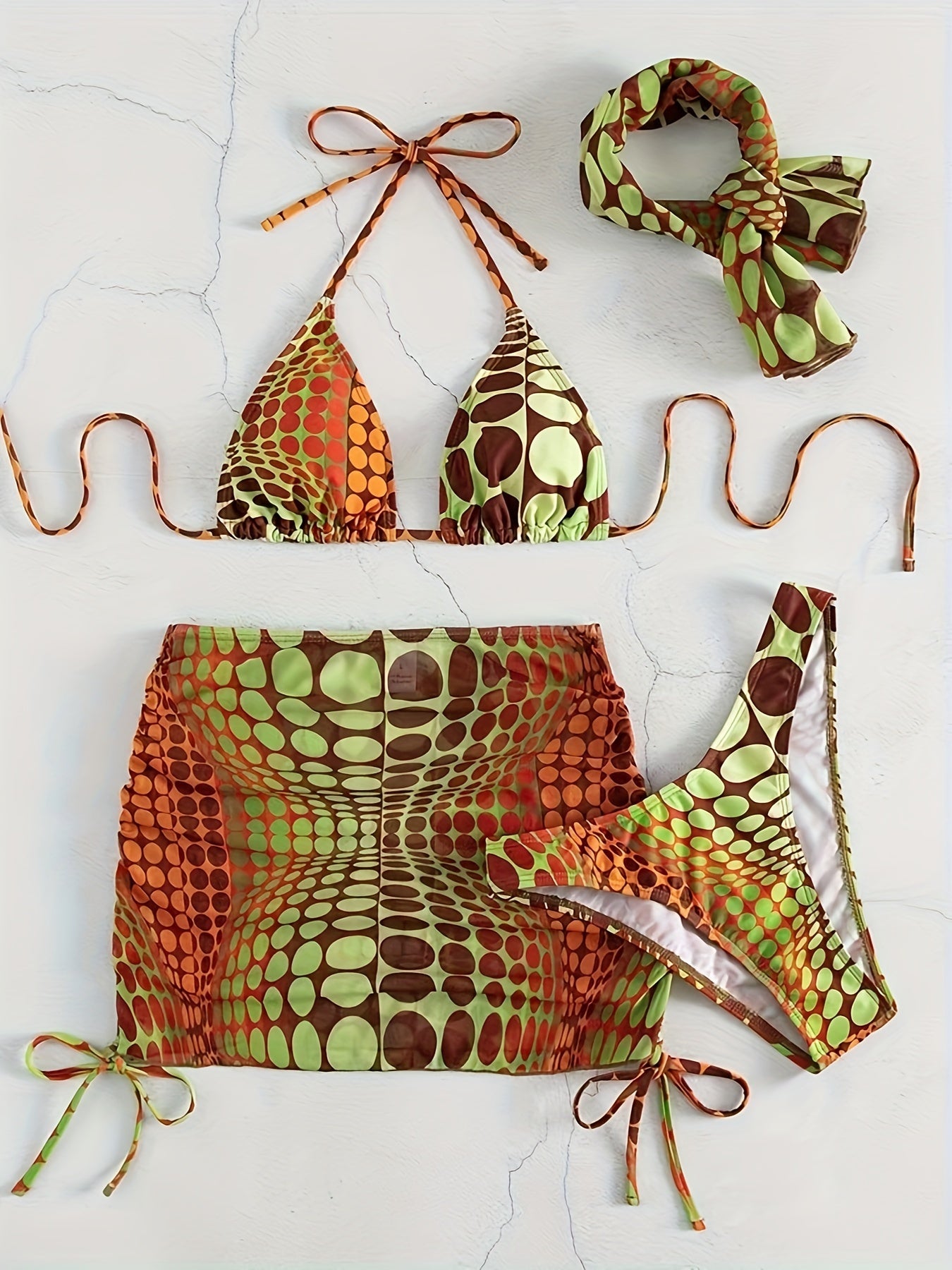 3-Piece Geometric Ombre Swimsuit Set - Stylish Halter Triangle Bikini with Adjustable Straps, Flowy Drawstring Wrap Skirt, Matching Headband, and Coordinating Heaf Scarf - Perfect for Womens Swimwear and Beachwear Occasions