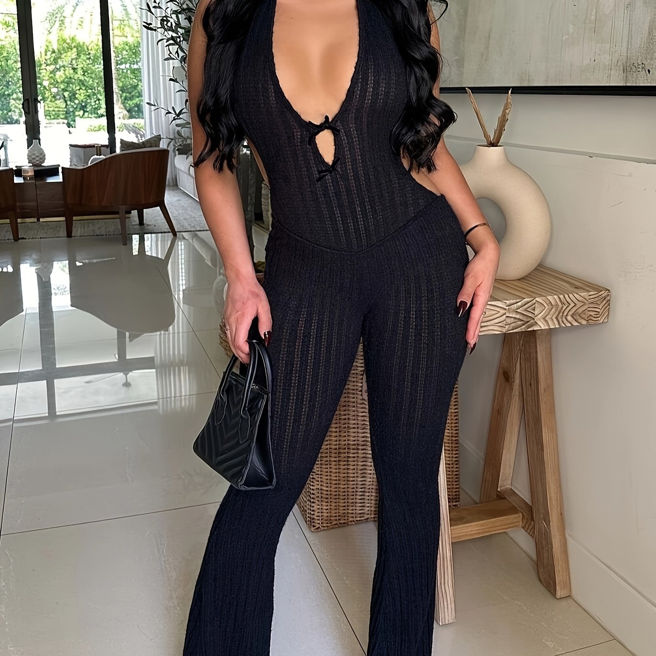 Women'S Sexy Halter Neck Jumpsuit - Solid Color Knit Fabric Unitard with Slim Tie Detail, Polyester 95% Elastane 5%, Flared Leg Design for All Seasons