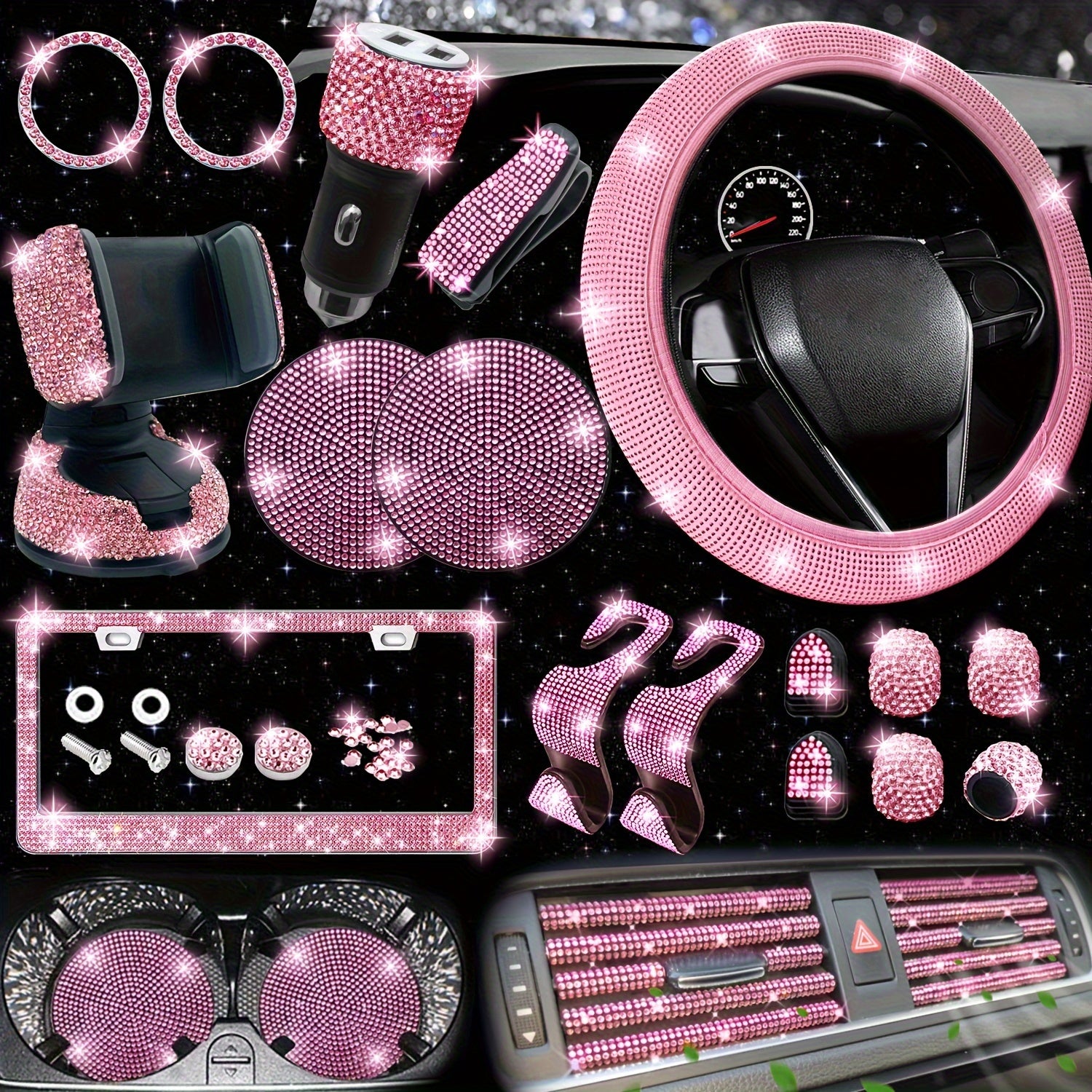 [Diamond Steering Wheel Cover] Artificial Diamond Steering Wheel Cover and Coaster Set - Car Decoration