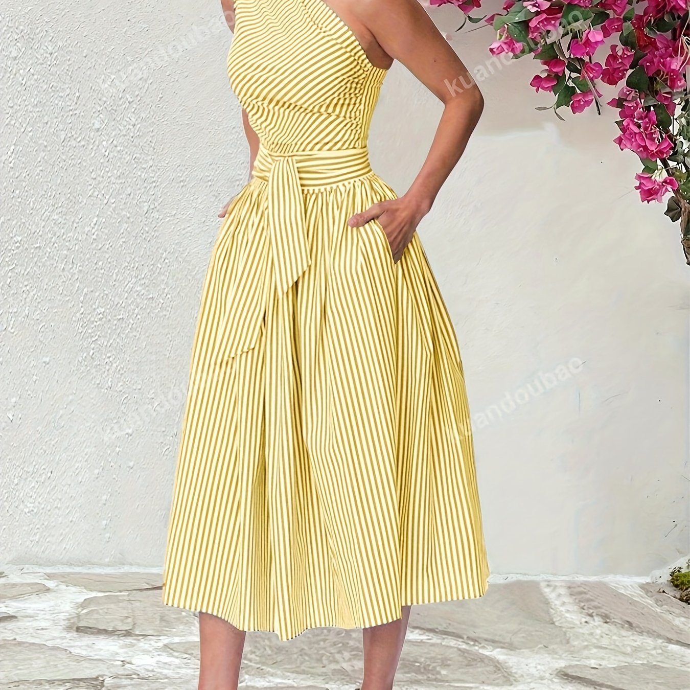 Women'S Casual Loose Fit Striped Sleeveless Dress with Belt, Off the Shoulder Collar, Side Pockets - Perfect for Spring/Summer