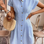 Elegant Striped Short Sleeve A-Line Shirt Dress for Women, High Waist Button-Up Casual Summer Office Dress in Light Pastel, Comfortable Polyester Fabric, French Style, Solid Color, Women's Shirt Dress, Casual Shirt Dress, Hig