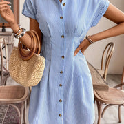 Elegant Striped Short Sleeve A-Line Shirt Dress for Women, High Waist Button-Up Casual Summer Office Dress in Light Pastel, Comfortable Polyester Fabric, French Style, Solid Color, Women's Shirt Dress, Casual Shirt Dress, Hig