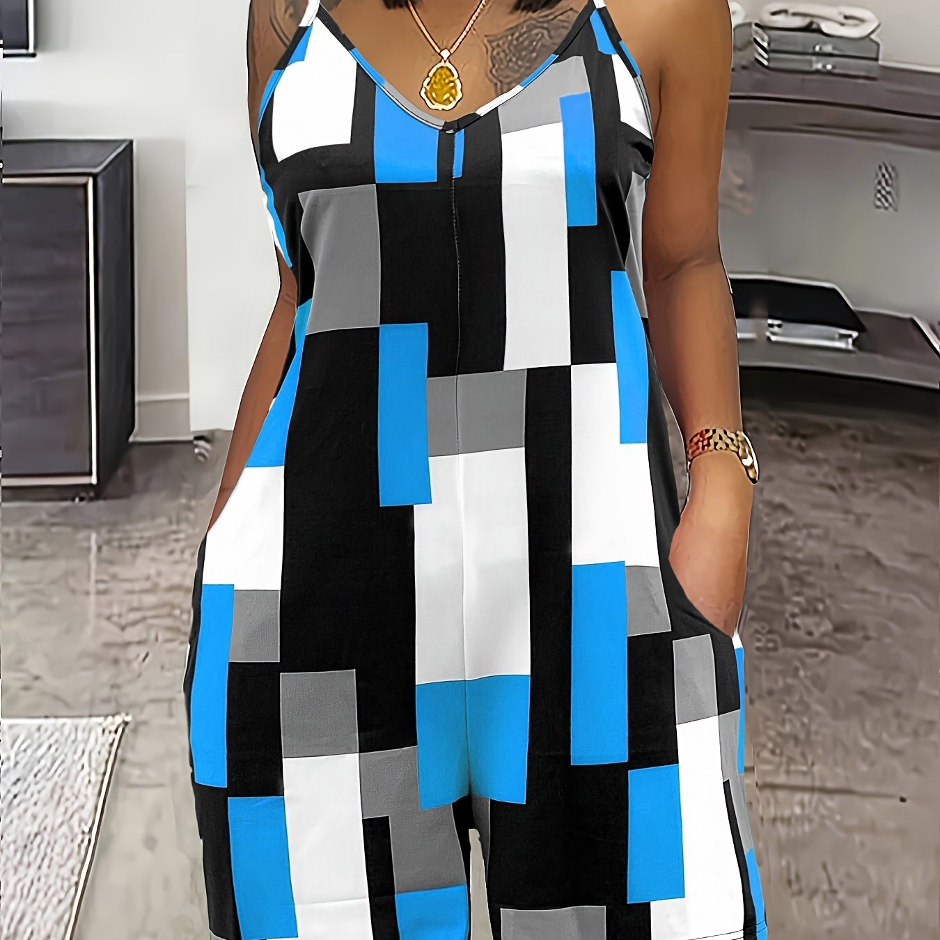 Women's Summer V-Neck Color Block Print Romper with Pockets - Stylish Sleeveless Jumpsuit in Orange, Black, White & Gray, Casual Knit Polyester Blend, Machine Washable, Stylish Leisurewear | Pocketed Outfit | Casual Elegance