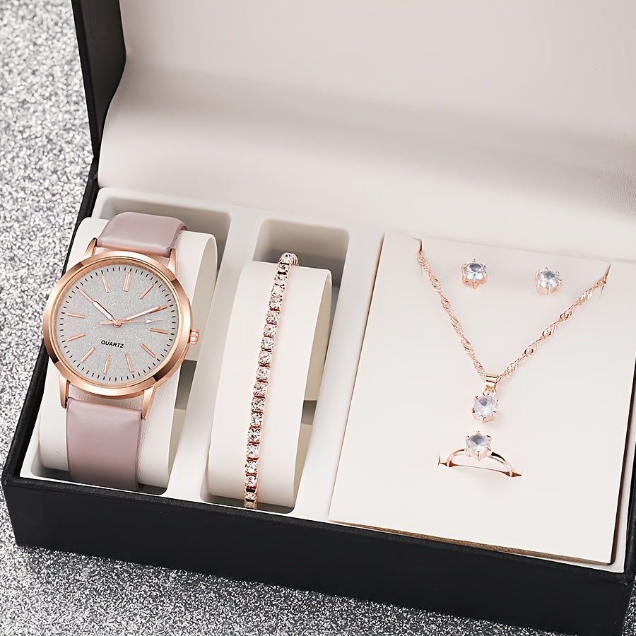 6pcs Elegant Women'S Quartz Watch and Jewelry Set - Round Analog Display, Faux Leather Band, Zinc Alloy Case, Non, Includes Bracelet, Necklace, Earrings, Ring - Perfect Gift for Her Mother