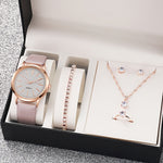 6pcs Elegant Women'S Quartz Watch and Jewelry Set - Round Analog Display, Faux Leather Band, Zinc Alloy Case, Non, Includes Bracelet, Necklace, Earrings, Ring - Perfect Gift for Her Mother