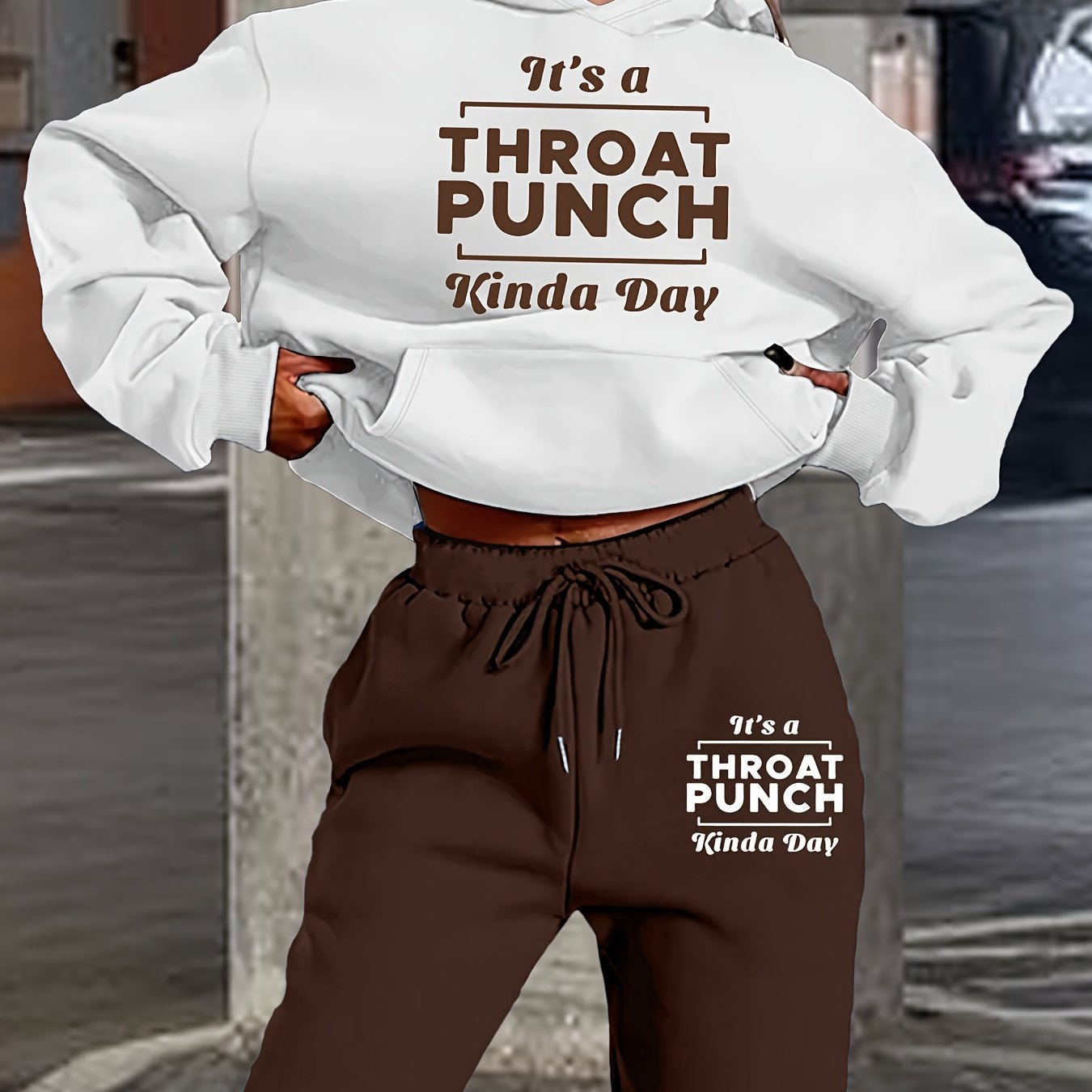 Women's Fashionable Athletic Two-Piece Set: White Hoodie with "THROAT PUNCH" Print & Blue Joggers with Drawstring - Casual, Trendy Streetwear, Polyester, Relaxed Fit Clothing|Playful Graphic Print|Glossy Fabric