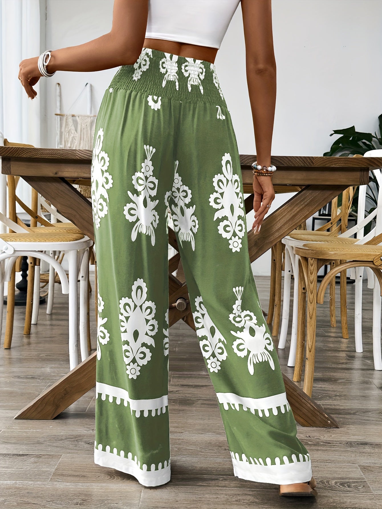 Women's Navy & White Floral Print Wide-Leg Pants with Elastic Waist Drawstring & Smocking Detail - Machine Washable All-Season Elegant Casual Trousers for Women, Comfortable Fashion, Smooth Texture Fabric