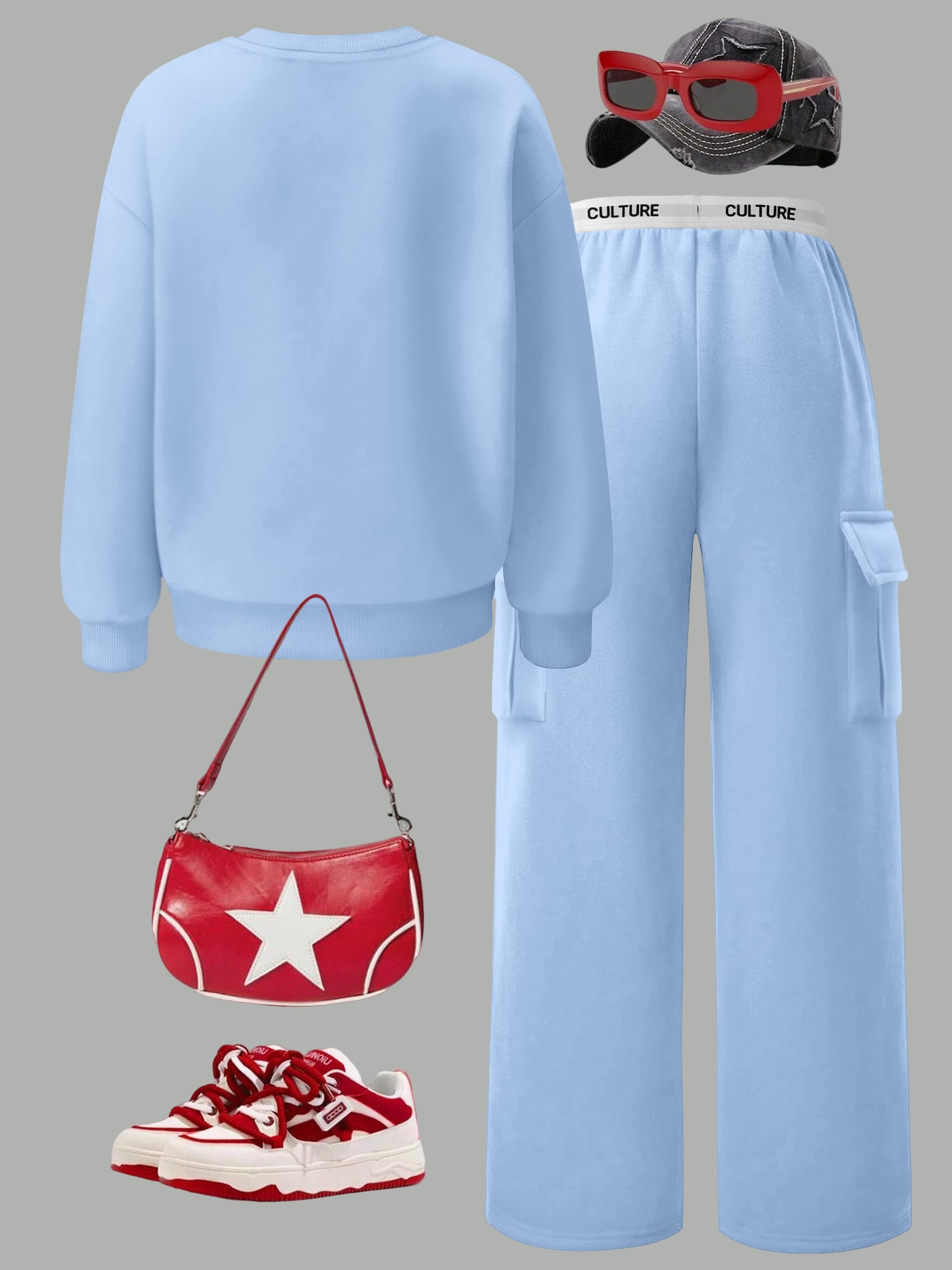 Women's Brooklyn New York Letter Print Sweatshirt Set - Casual Gray Long Sleeve Crewneck & Black Cargo Pants with Pockets, Polyester Blend, Perfect for Fall/Winter