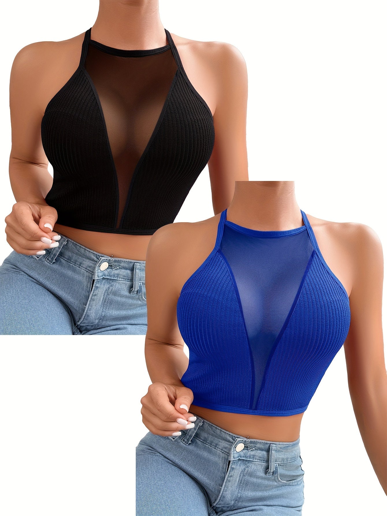 2pcs Elegant Mesh Halter Tank Tops for Women - Sleeveless, Backless with Cross-Neck Straps, Ribbed Texture, Versatile Wear as Casual or Layered, Machine Washable, Nylon & Elastane Blend, in Black & Pink