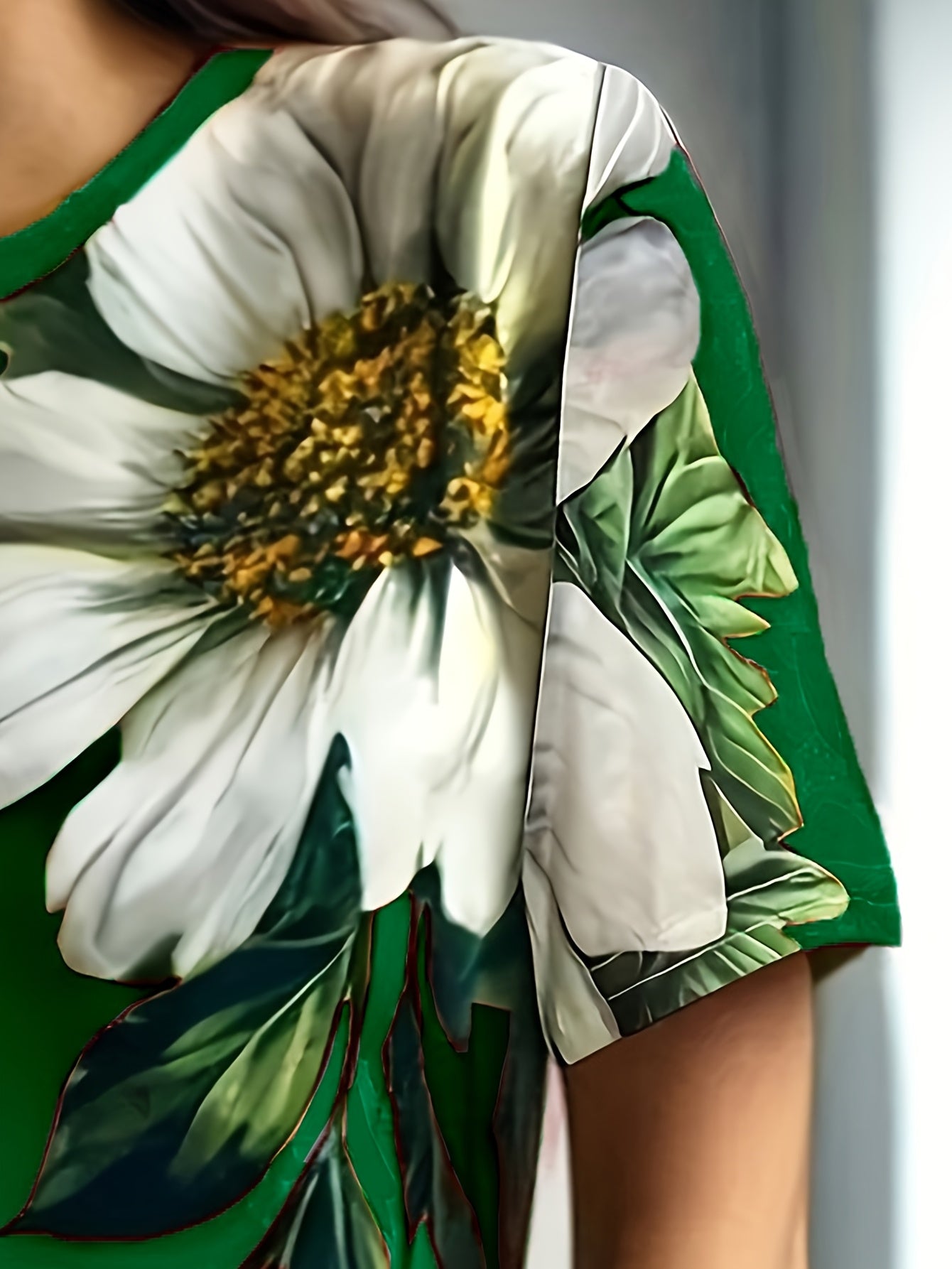 Women's Elegant Floral Print Short Sleeve T-Shirt - Bright Red with White Daisies and Green Leaves, Breathable Spring/Summer Casual Top | Floral Casual Tee | Comfort Fit, Women's T-Shirt