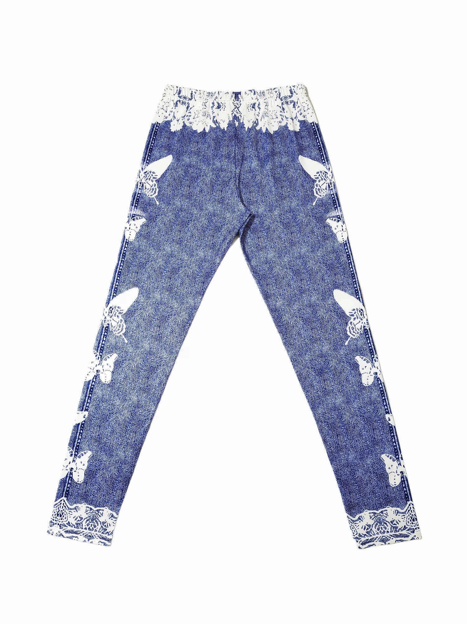 Women'S Fashion Butterfly Printed Faux Denim-Like Leggings, Elastic Waist Long Length Knit Fabric, Casual All-Season Polyester & Spandex Blend, Regular Fit Weekend Casual Joggers