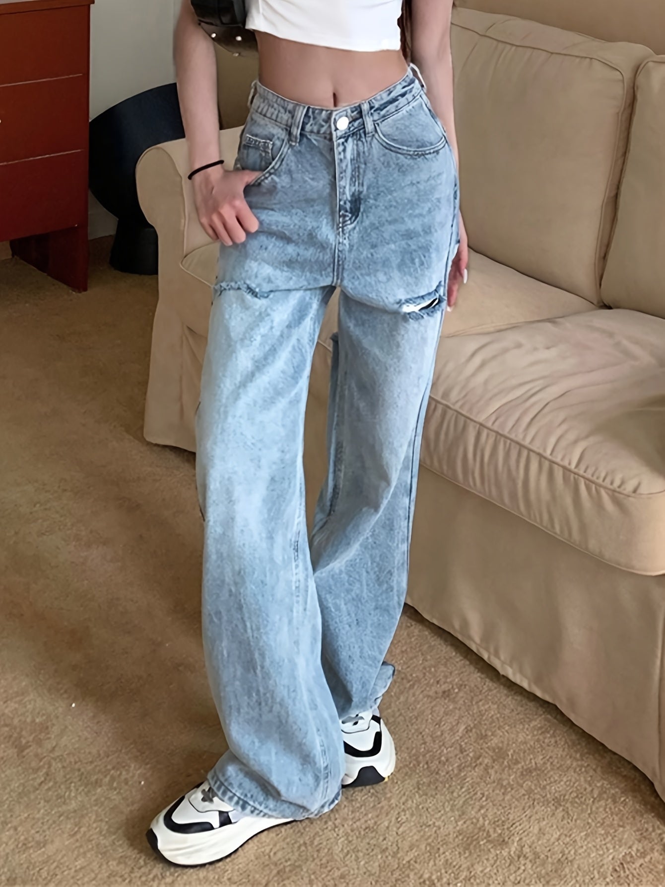 Women's High-Rise Straight Leg Ripped Jeans - Distressed Denim in Light Wash, Casual Street Style for Parties, Travel & Casual Attire