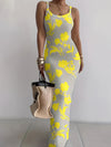 Elegant Floral Print Bodycon Maxi Dress, Polyester Knit Fabric, Crew Neck Sleeveless Long Dress for Women, All-Season, Halter Dress