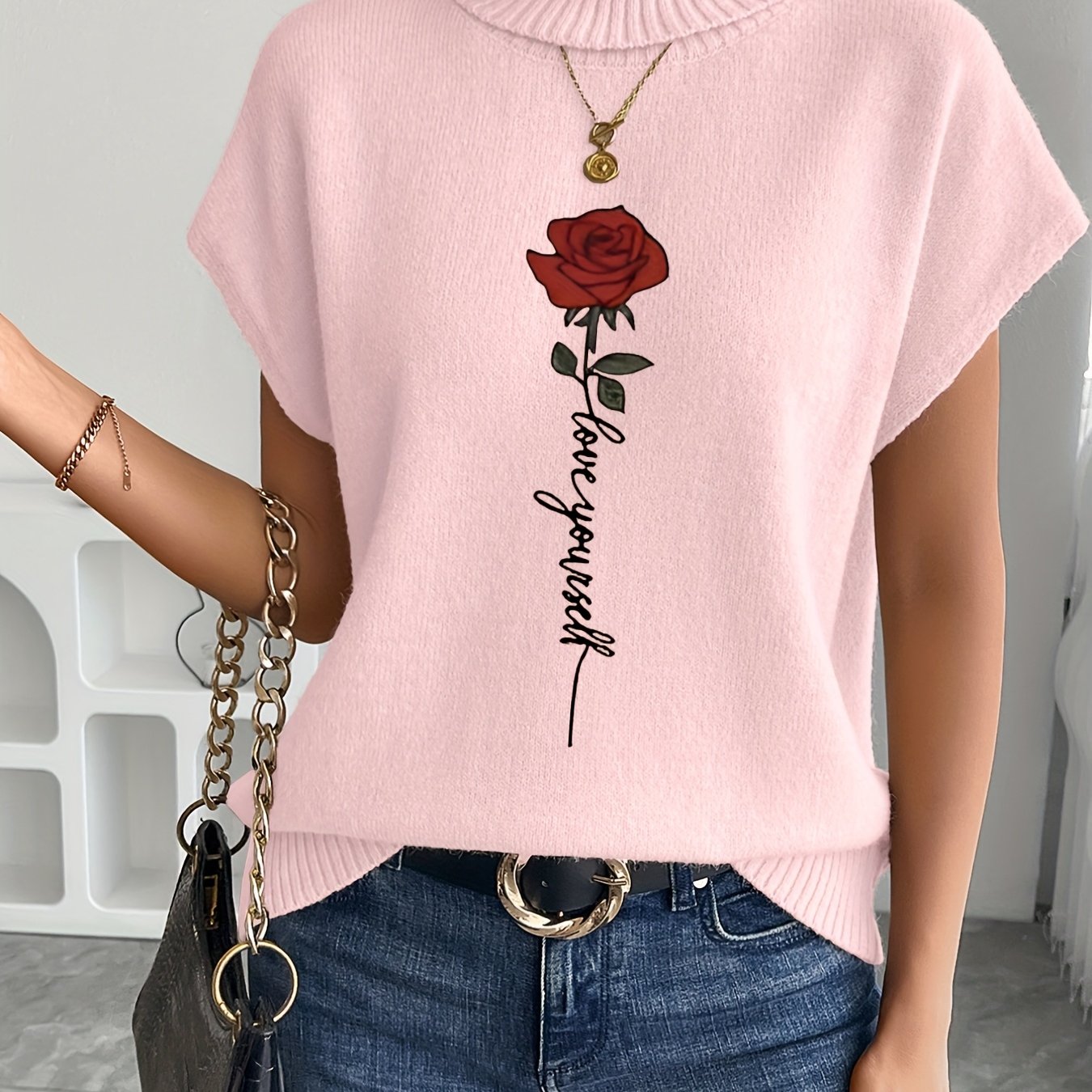 Women's Casual Rose Print Sleeveless Knit Vest - Elegant Beige Sweater with High Neckline and Stretchy Fabric, Perfect for Spring/Summer/Fall