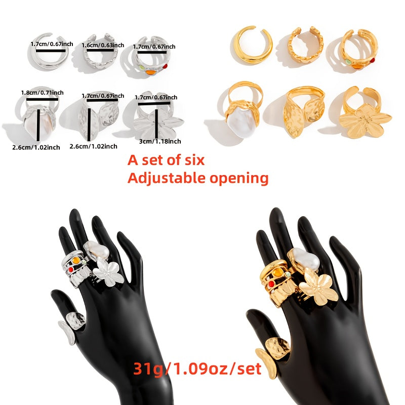 6pcs set of fashionable open ring sets, adjustable in size, suitable for many people to wear high-end rings, beautiful when worn alone or stacked, exquisite gift for friends, bohemian style jewelry combination