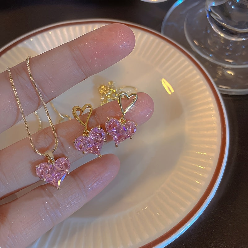 3pcs Y2K-Inspired Pink Heart Bling Jewelry Set - Sparkling Earrings and Necklace, Perfect for Daily Wear, Dates, Vacations & Parties, Date Night Jewelry|Heartshaped Bling|Goldtone Alloy, Jewelry & Accessories