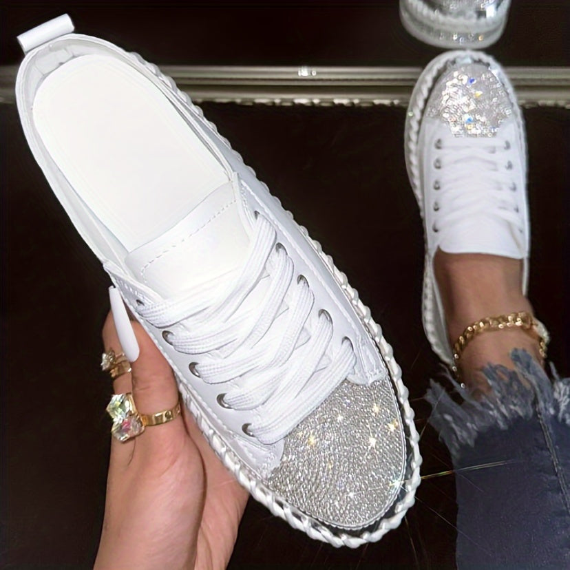 Glittering Rhinestone Women's Sneakers, Fashionable Platform Casual Shoes, Comfortable Versatile White Lace-up Flats Plus Size