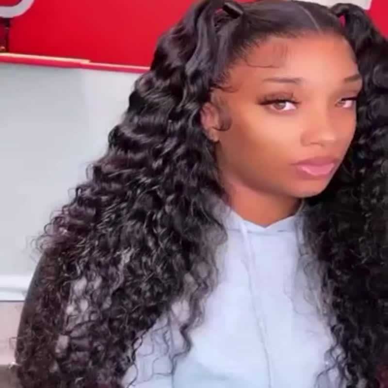 Human Hair Deep Wave Human Hair Bundles With 4*4 Lace Closure, 100% Unprocessed Brazilian Virgin 4x4 HD Lace Closure 180 Density With Deep Wave Hair Bundles, Natural Black Modern Fashion For Black Women