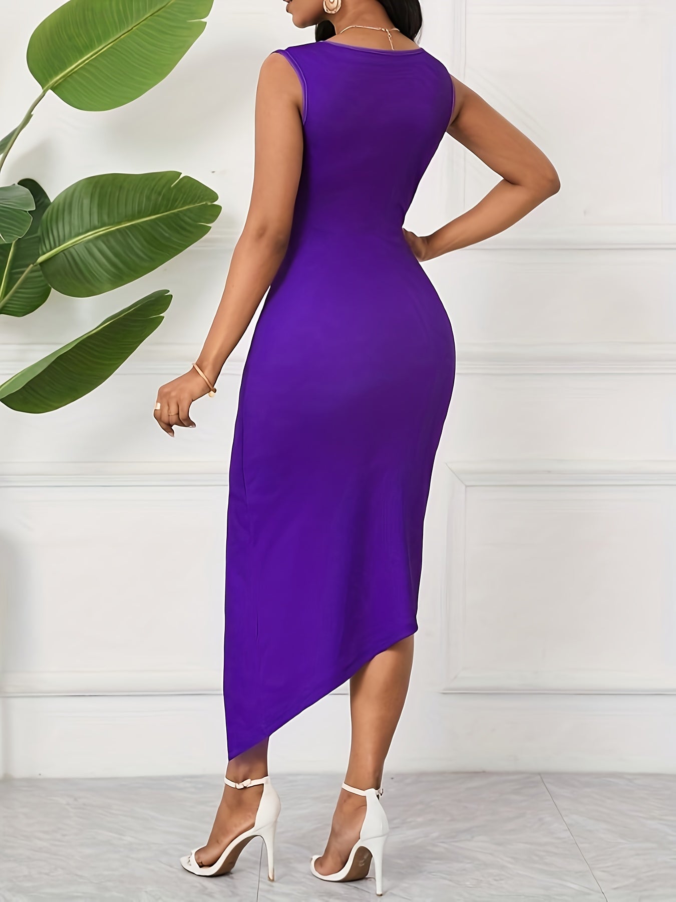 Elegant Purple Floral Bodycon Dress for Women - Sleeveless, High-Slit, Spring/Summer Fashion, White Clutch Not Included, Adult, Elegant Attire|Floral Print Dress|Sleek Fit