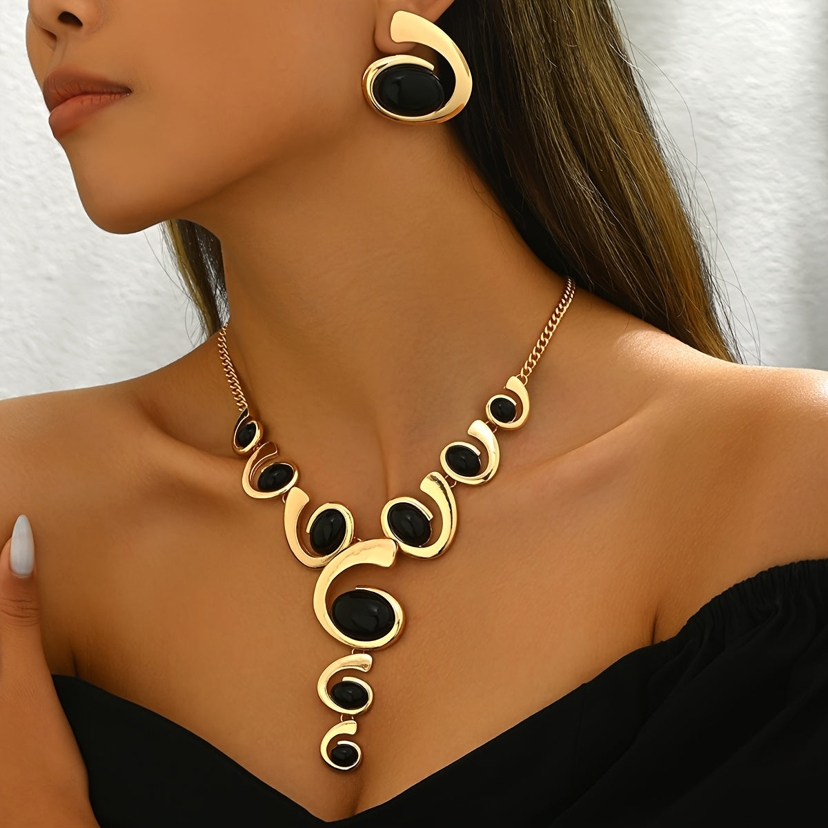 1 Set Boho Classic 2pcs Women'S Jewelry Set, Spiral Shape with Black Rhinestone Inlay, Y-Necklace and Earrings, Alloy, Versatile for Daily and Party Wear