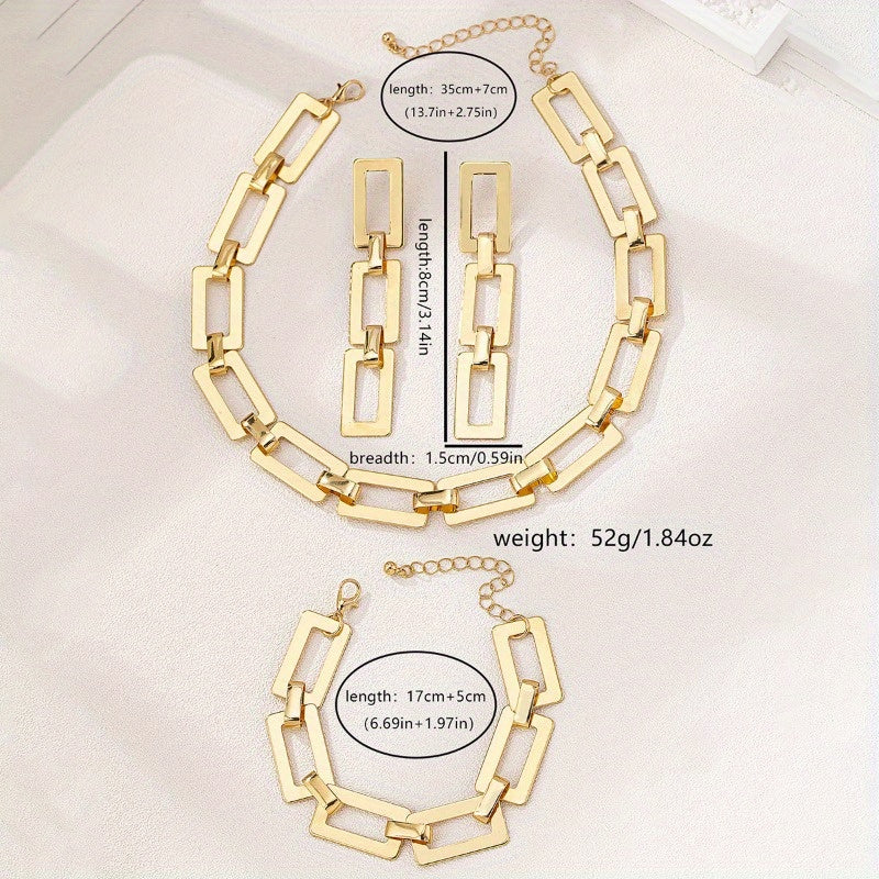 3pcs Personalized, Fashionable, Elegant, Retro Style Golden Necklace, Geometric Earrings, Bracelet Jewelry, Square Style Leopard Print Golden Necklace, Bracelet Earrings Set Suitable for Parties and Banquets