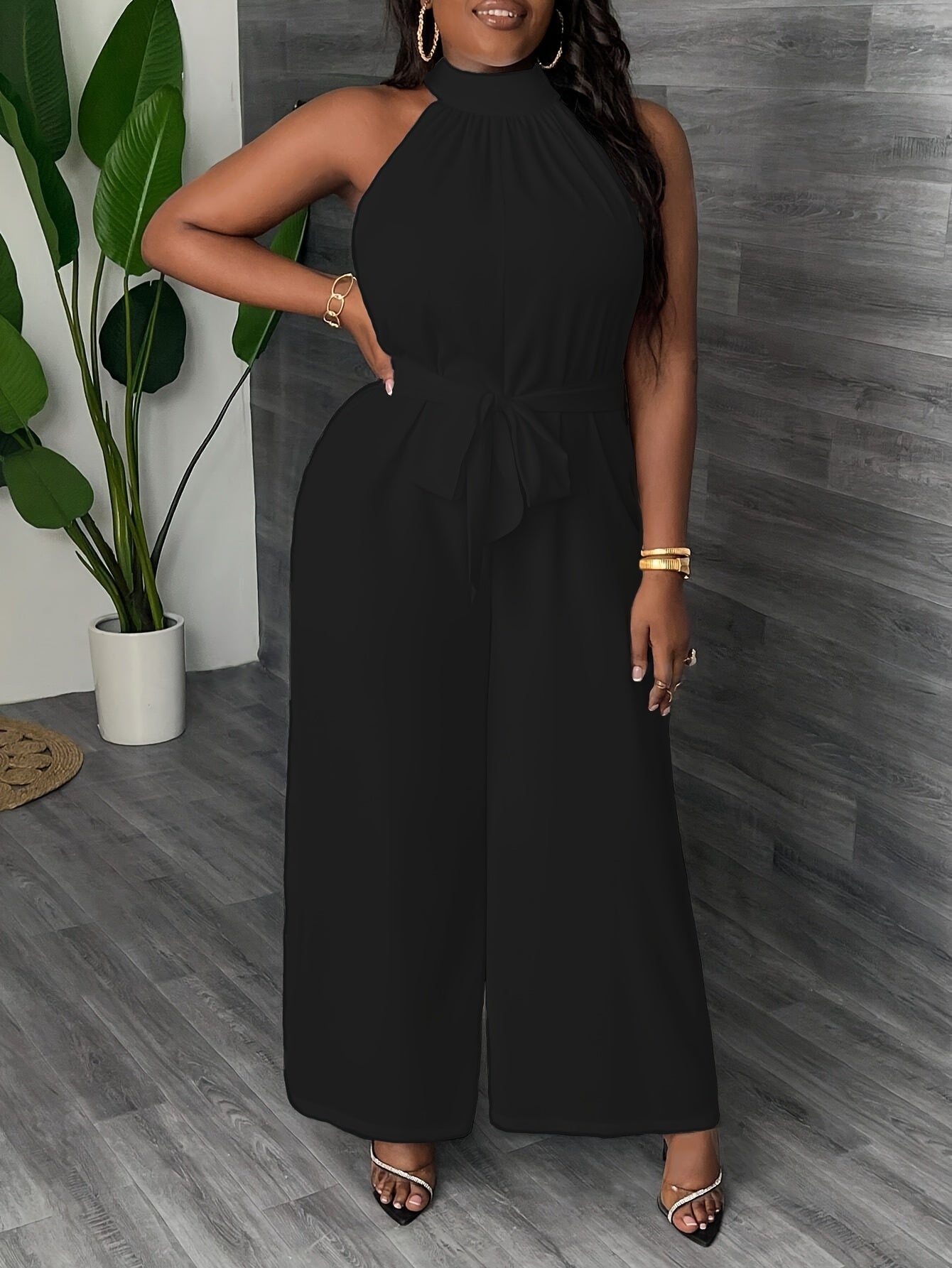 Elegant White Halter Neck Jumpsuit for Women - Sleeveless Wide-Leg Design with Tropical Vibes, Machine Washable Polyester, Perfect for Casual or Stylish Outfits, Casual Elegant Wear | Wideleg Fashion | Breezy Design