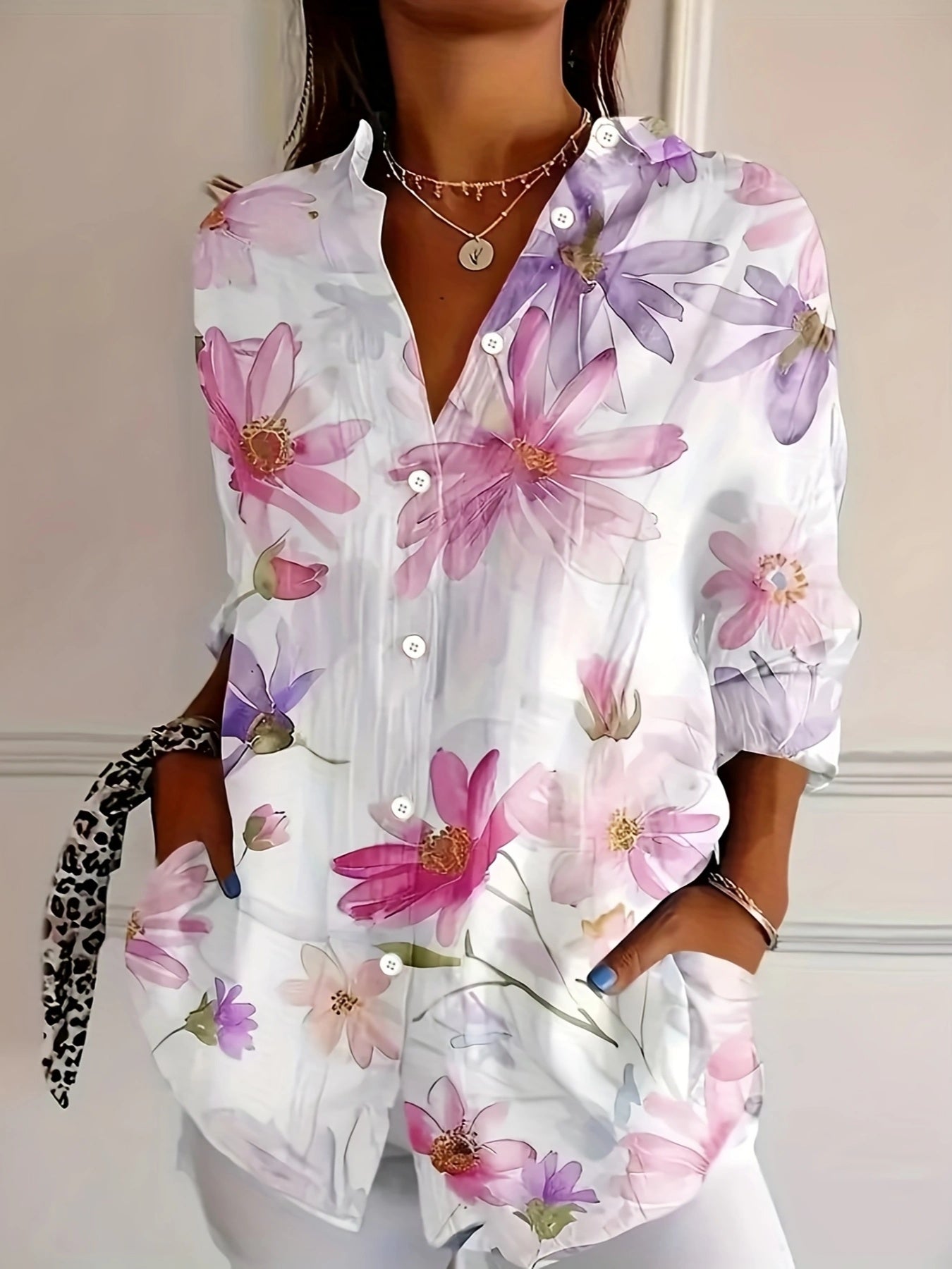 Women'S Floral Print Blouse | Lightweight Polyester | Button-Up with Lapel Collar | Pastel Pink, Purple & White Flowers | Machine Washable | Spring/Summer Fashion Top for Casual or Dressy Occasions, Ladies Blouses