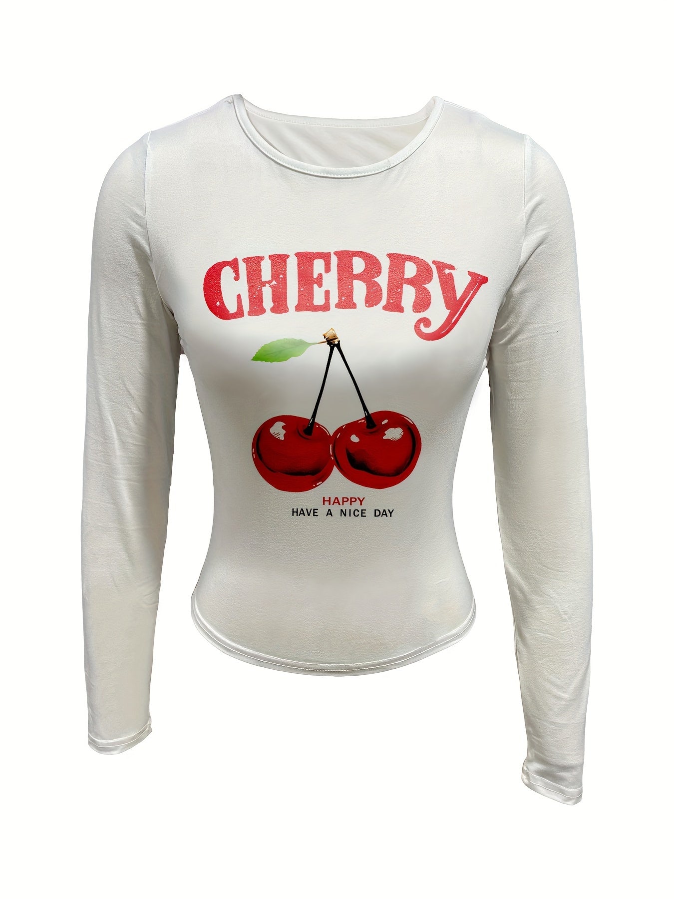 Cherry Print Crew Neck T-Shirt, Casual Long Sleeve Top for Spring & Fall, Women's Clothing