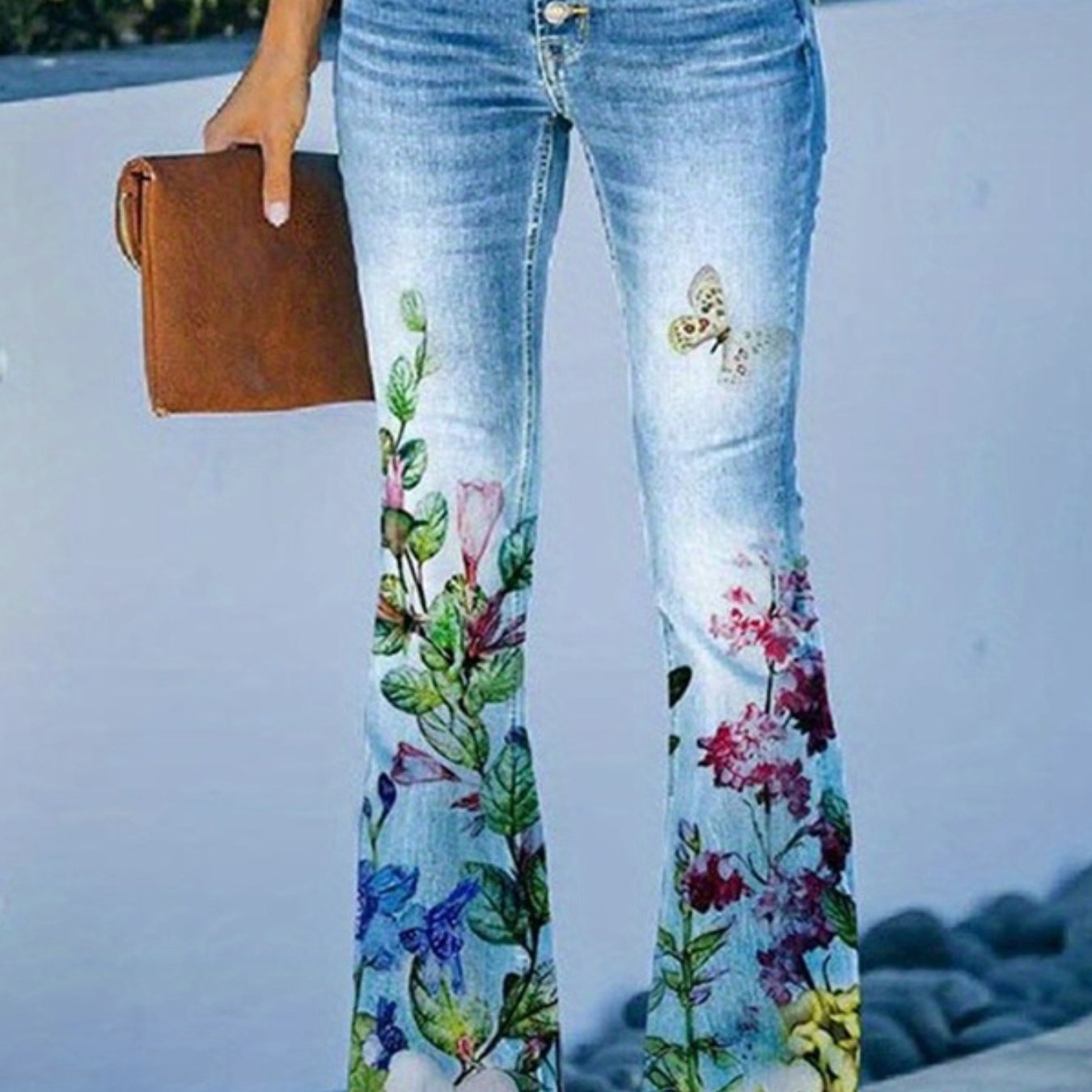 Women's Vibrant Floral Print Flared Jeans - Casual Bell Bottom Denim Pants with Slash Pockets, Stretchy & Comfortable, Perfect for All Seasons